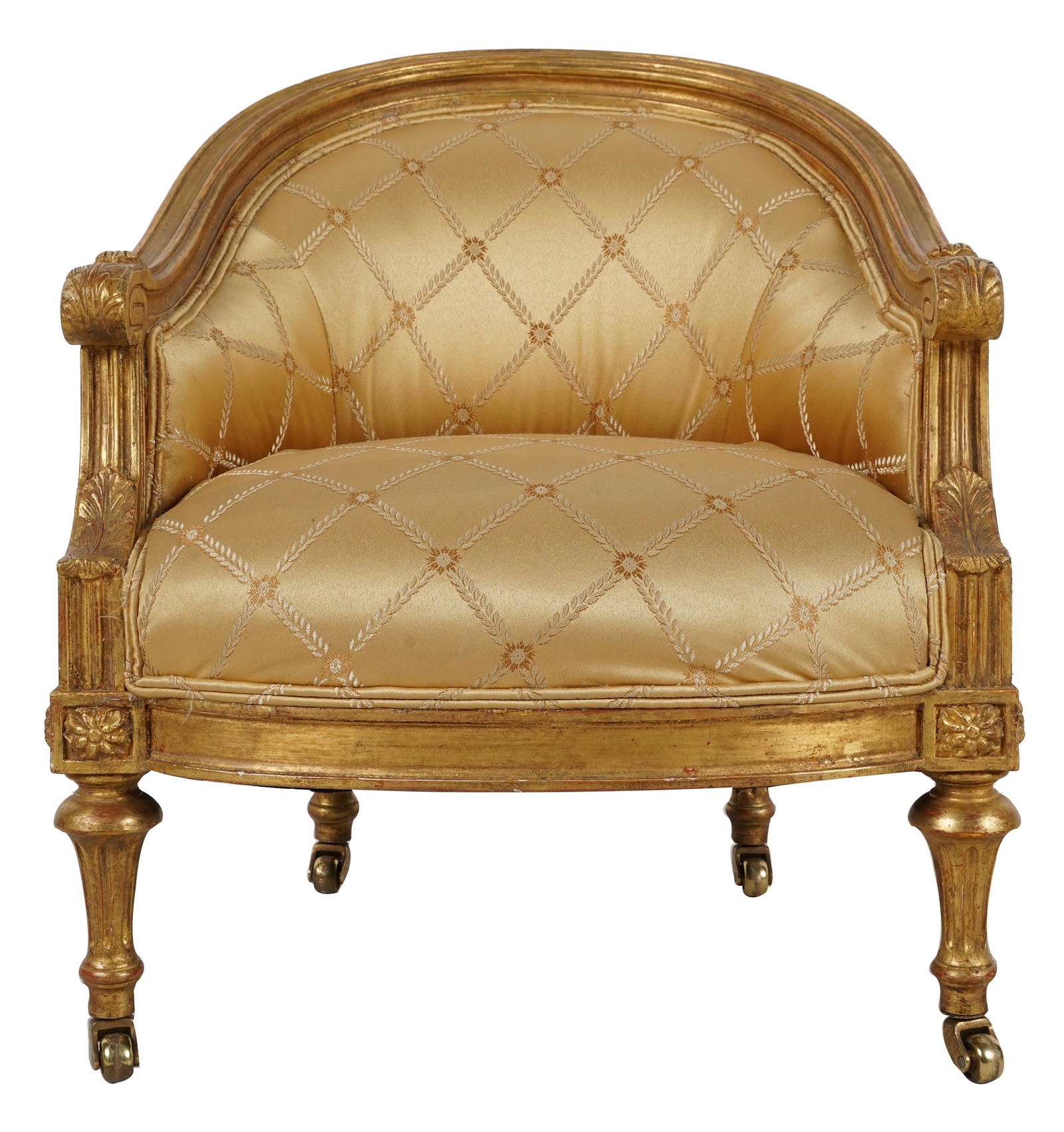 LOUIS XVI STYLE CHILD'S BERGERE: set atop casters; Condition: scattered nicks; 20 inches wide; 20 inches deep; 22 1/2 inches high; seat height:12 inches