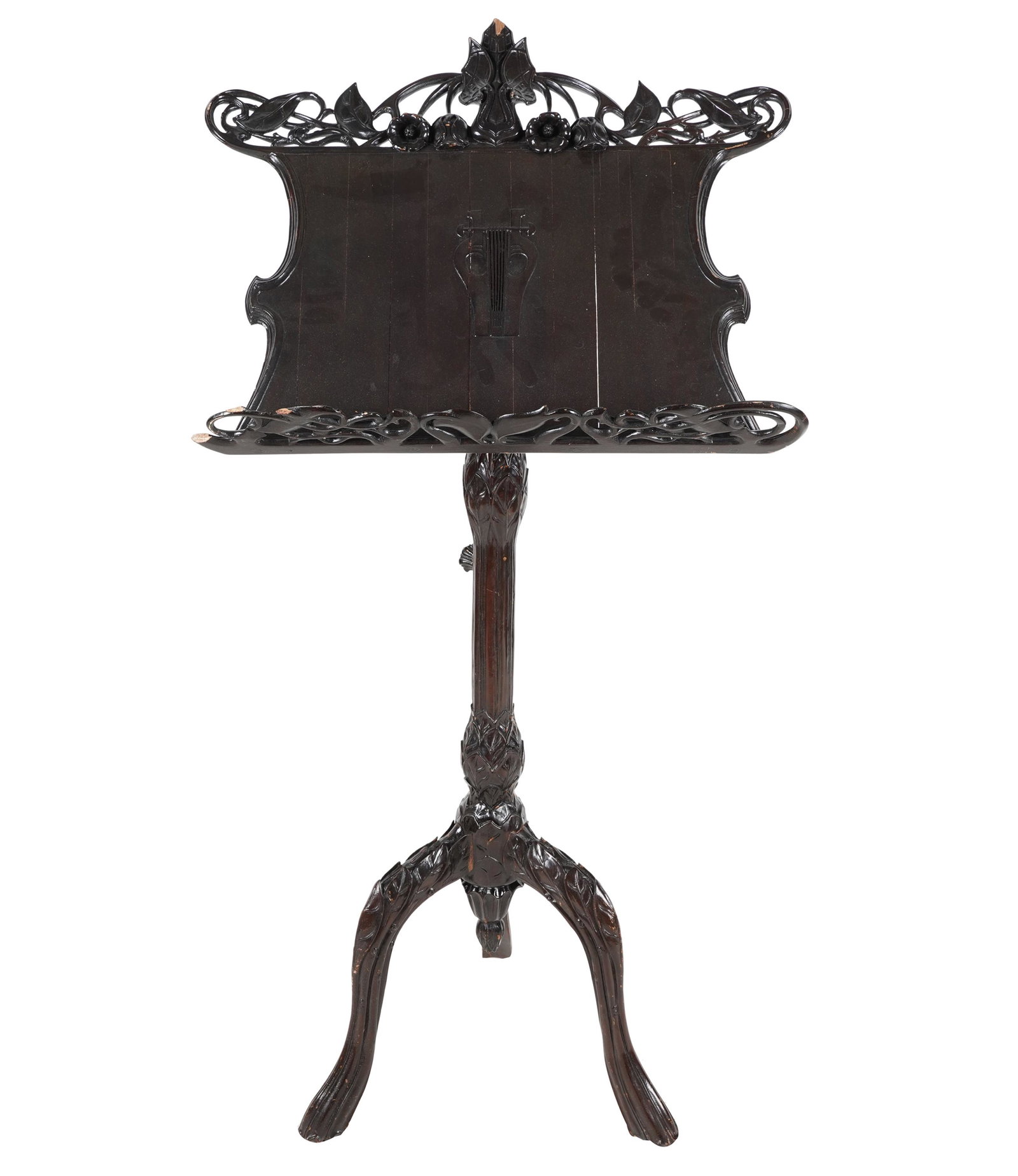 ENGLISH CARVED EBONIZED WOOD MUSIC STAND: Condition: losses and joint separation throughout; 25 1/2 inches wide; 24 inches deep; 53 inches high