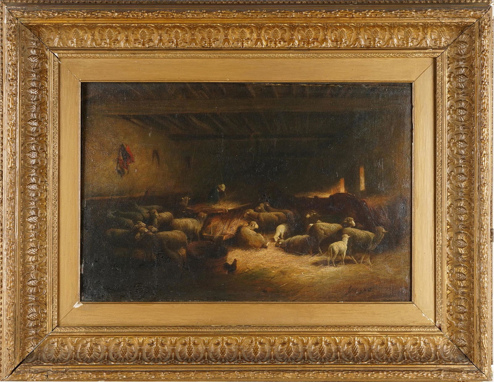 CHARLES EMILE JACQUE (1813 - 1894): SHEPHERD WITH FLOCK: oil on canvas; signed lower right; 16 x24 inches; 26 x 34 inches frame