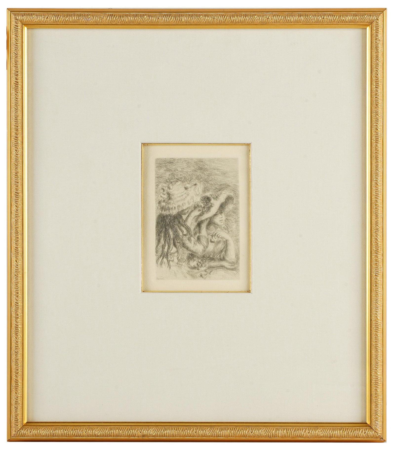 PIERRE-AUGUSTE RENOIR: LE CHAPEAU EPINGLE: from 1884; drypoint etching, signed in plate lower left; Condition: plate size: 4 1/2 x 3 1/4 inches; 5 1/4 x 3 3/4 inches sight; 15 3/4 x 13 3/4 inches frame