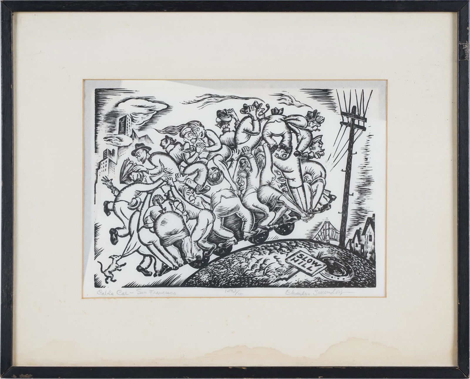 CHARLES SURENDORF: CABLE CAR - SAN FRANCISCO: linocut on thin tissue paper; signed in pencil lower right, titled in pencil lower left, numbered 1st Ed/100 in pencil at lower center; Condition: water damage to mat; 8 7/8 x 12 1/4 inches sheet; 15