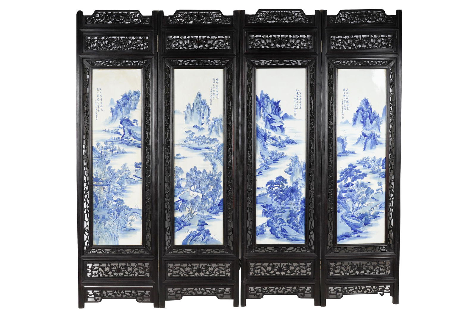 FOUR PANEL CARVED CHINESE TILE INSET SCREEN (1 of 13)