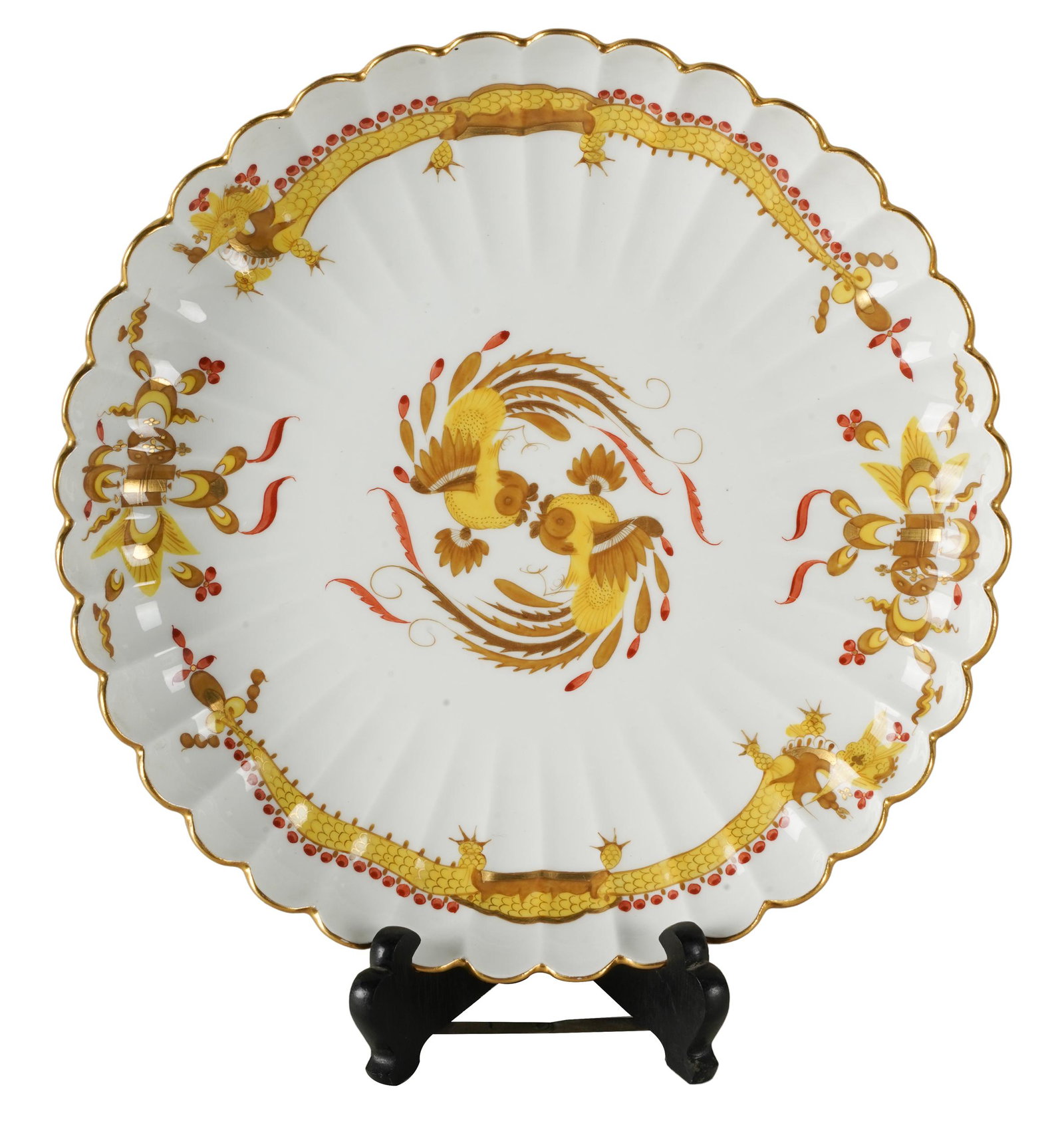 MEISSEN PORCELAIN SCALLOPED PLATE: blue crossed swords mark to underside; 11 inches diameter