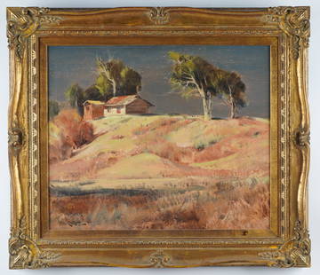 PAUL LAURITZ (1899 - 1975): COTTAGE LANDSCAPE: oil on canvas; signed lower left; Condition: with scattered paint loss; 20 x 24 inches; 27 1/2 x 31 1/2 inches frame