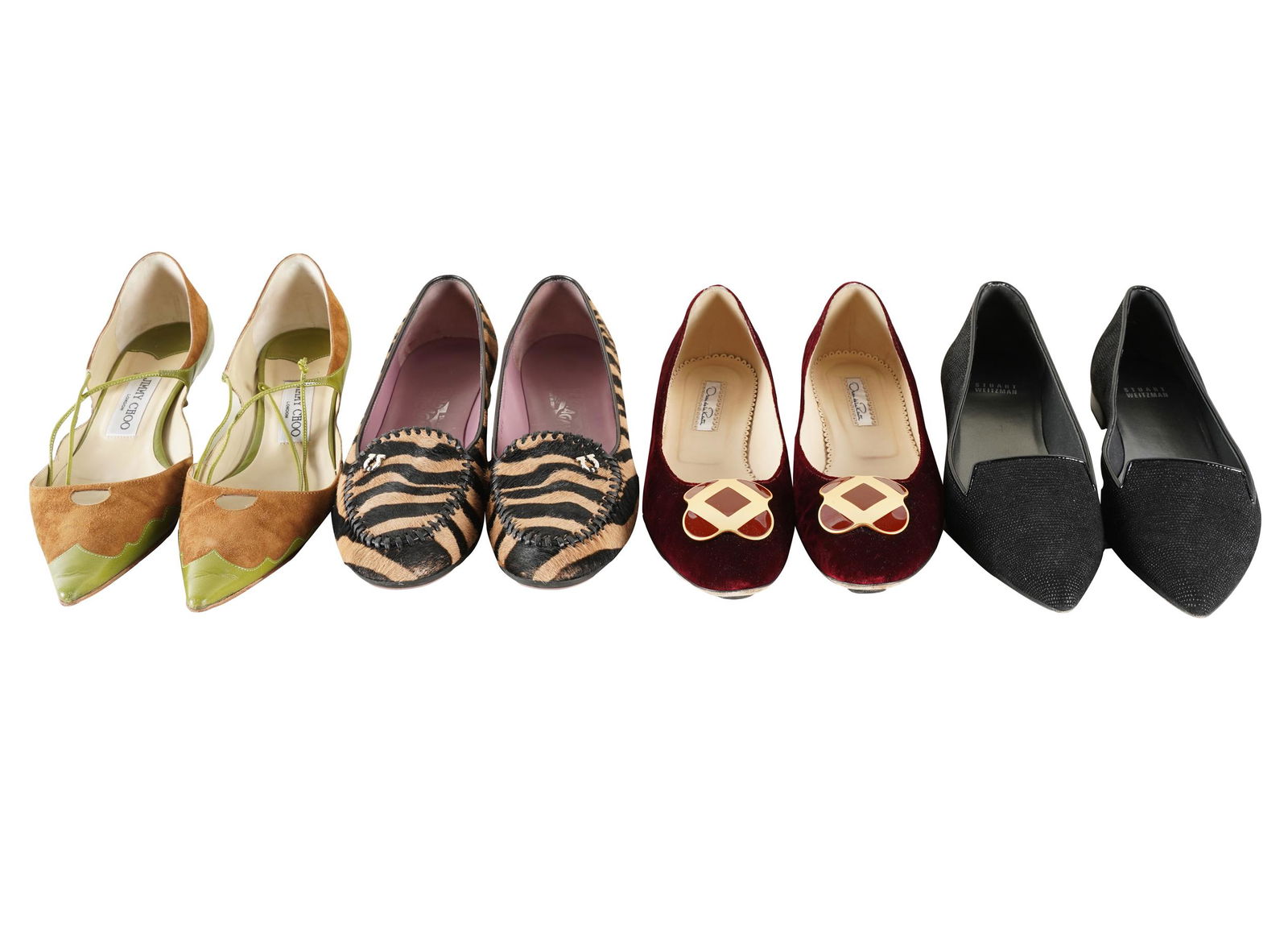 COLLECTION OF DESIGNER SHOES: comprising Oscar De La Renta (38.5), Jimmy Choo (38.5), Stuart Weitzman (8.5), & Salvatore Ferragamo (8.5) shoes; each in labeled box; Condition: shoes showing signs of light use; 38.5 and 8.5