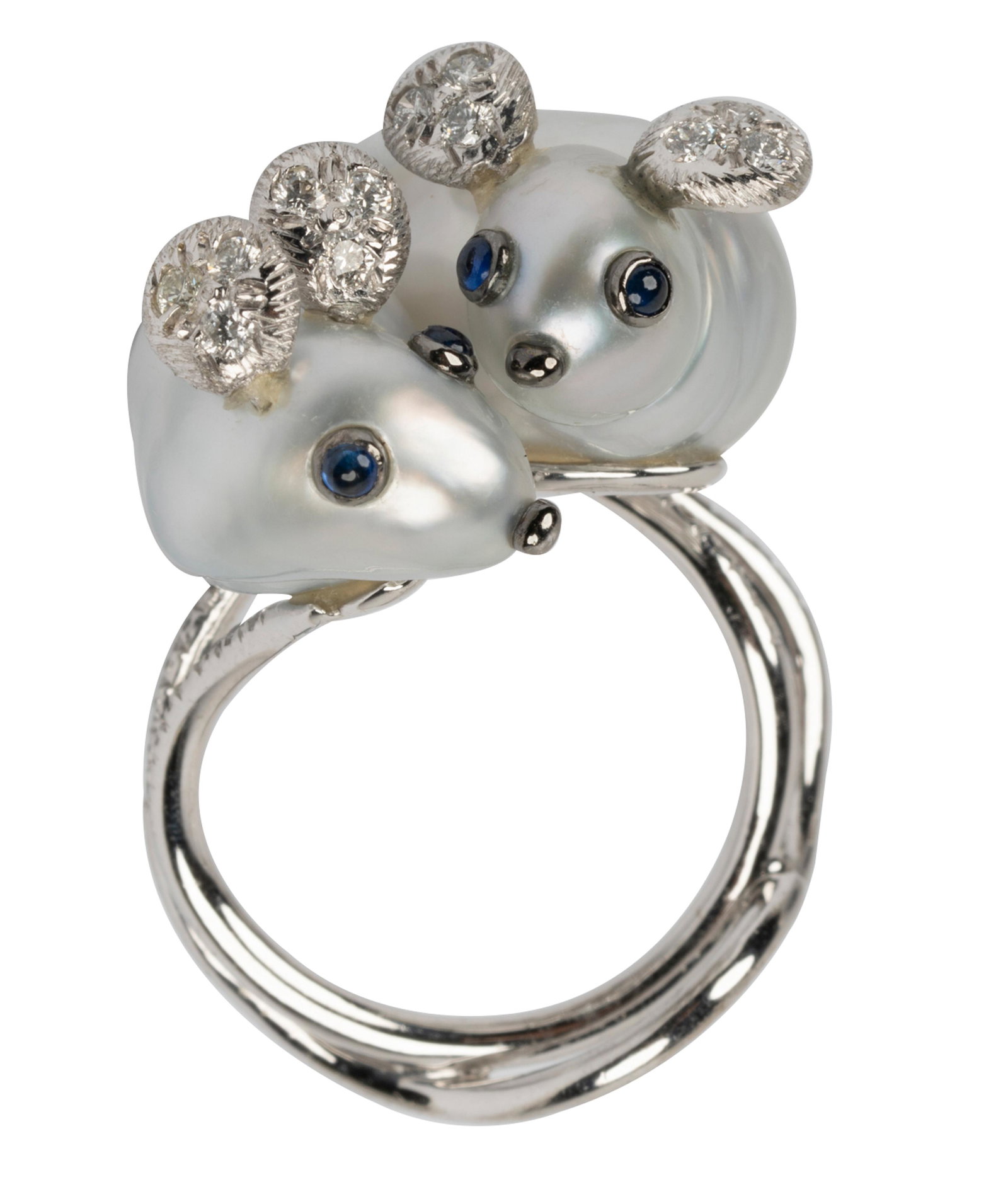 18 KARAT WHITE GOLD, DIAMOND, SAPPHIRE, & CULTURED: containing two baroque undrilled cultured pearls measuring approximately 14.65 x 13.05 x 10.15 mm and 16.20 x 9.70 x 10.10 mm; four round cabochon cut sapphires weighing approximately 0.15 carats tota