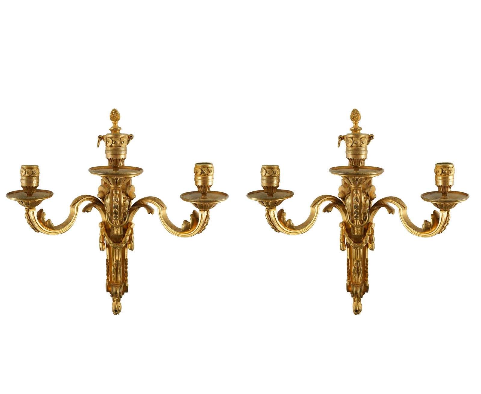PAIR OF GILT BRONZE THREE-LIGHT WALL SCONCES (1 of 8)