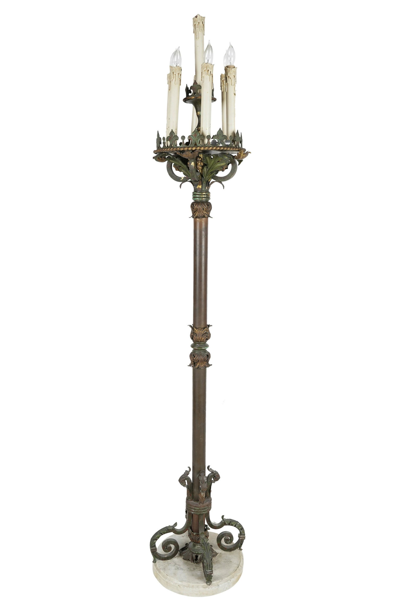 GOTHIC-STYLE PATINATED METAL TORCHIERE: with seven lights, on a stone base; electrified; 78 inches high to top of central candle sleeve
