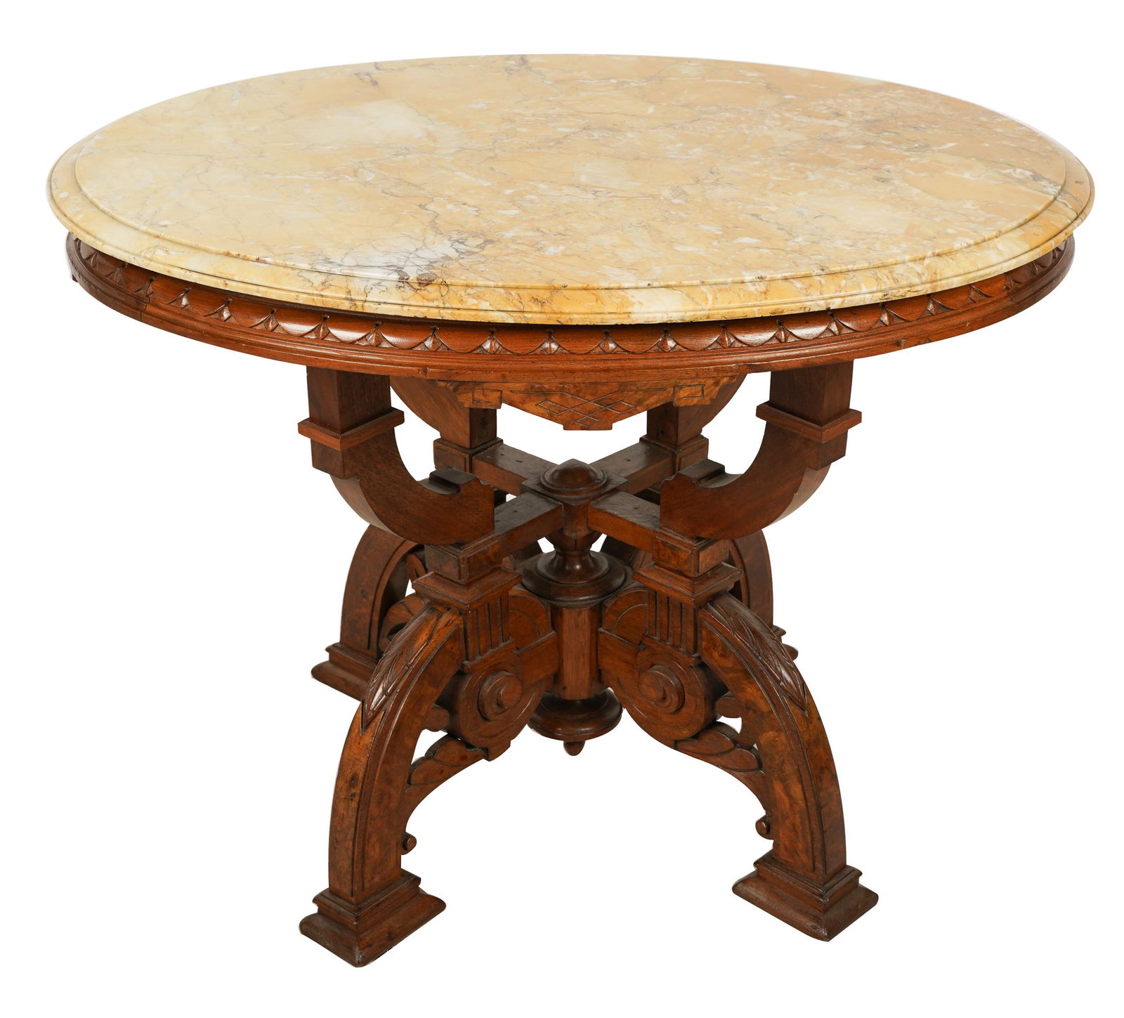 VICTORIAN MARBLE-TOP OAK & BURL CENTER TABLE (1 of 9)