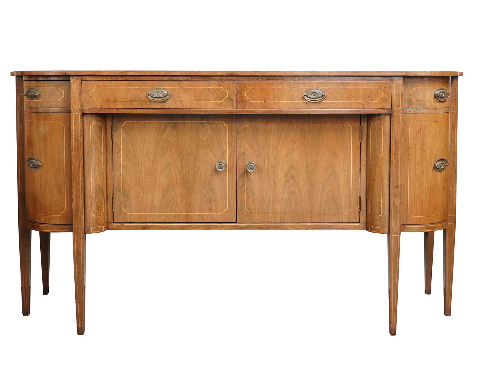 JOHN HALL GEORGIAN STYLE WALNUT SIDEBOARD: 1988; John Hall Designs, Santa Monica, California; with maker's label; 72 inches wide; 23 inches deep; 40 1/2 inches high