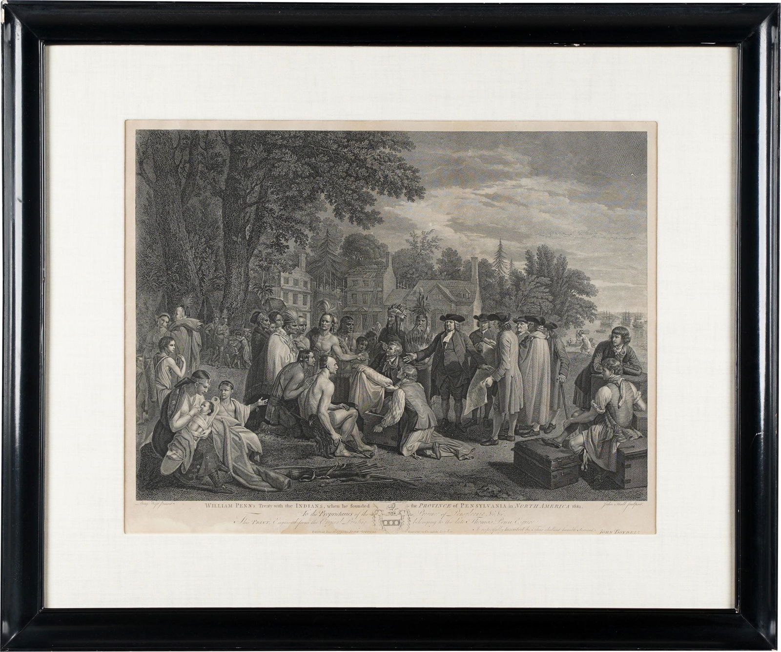 AFTER BENJAMIN WEST: "WILLIAM PENN'S MEETING WITH THE: engraving; published June 12, 1775 by John Boydell, Cheapside, London; Condition: toning throughout; matted and framed under Plexiglas; not examined out of frame; 18 1/2 x 24 inches sight; 29 1/4 x 35