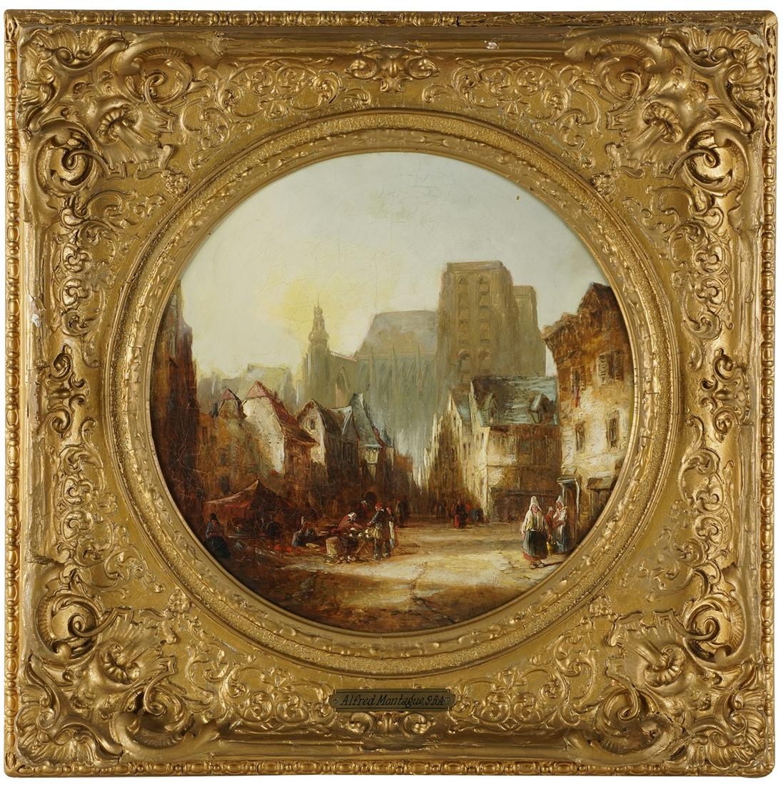 ALFRED MONTAGUE (1832 - 1883): EUROPEAN TOWNSCAPE: oil on canvas; signed lower right; Provenance: Chicago Art Galleries; Condition: craquelure; losses to frame; 14 x 14 inches; 13 1/2 inches diameter sight; 21 1/2 x 21 1/2 inches frame