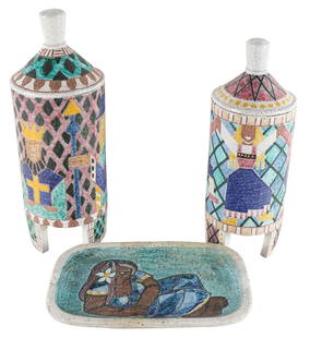 ERIK PLOEN (1925 - 2004): THREE GLAZED CERAMIC ARTICLES: each signed to underside; comprising two covered jars (each 18 inches high) and a rectangular tray (14 x 9 inches); Condition: one jar with repair to one foot; a repair to tray;