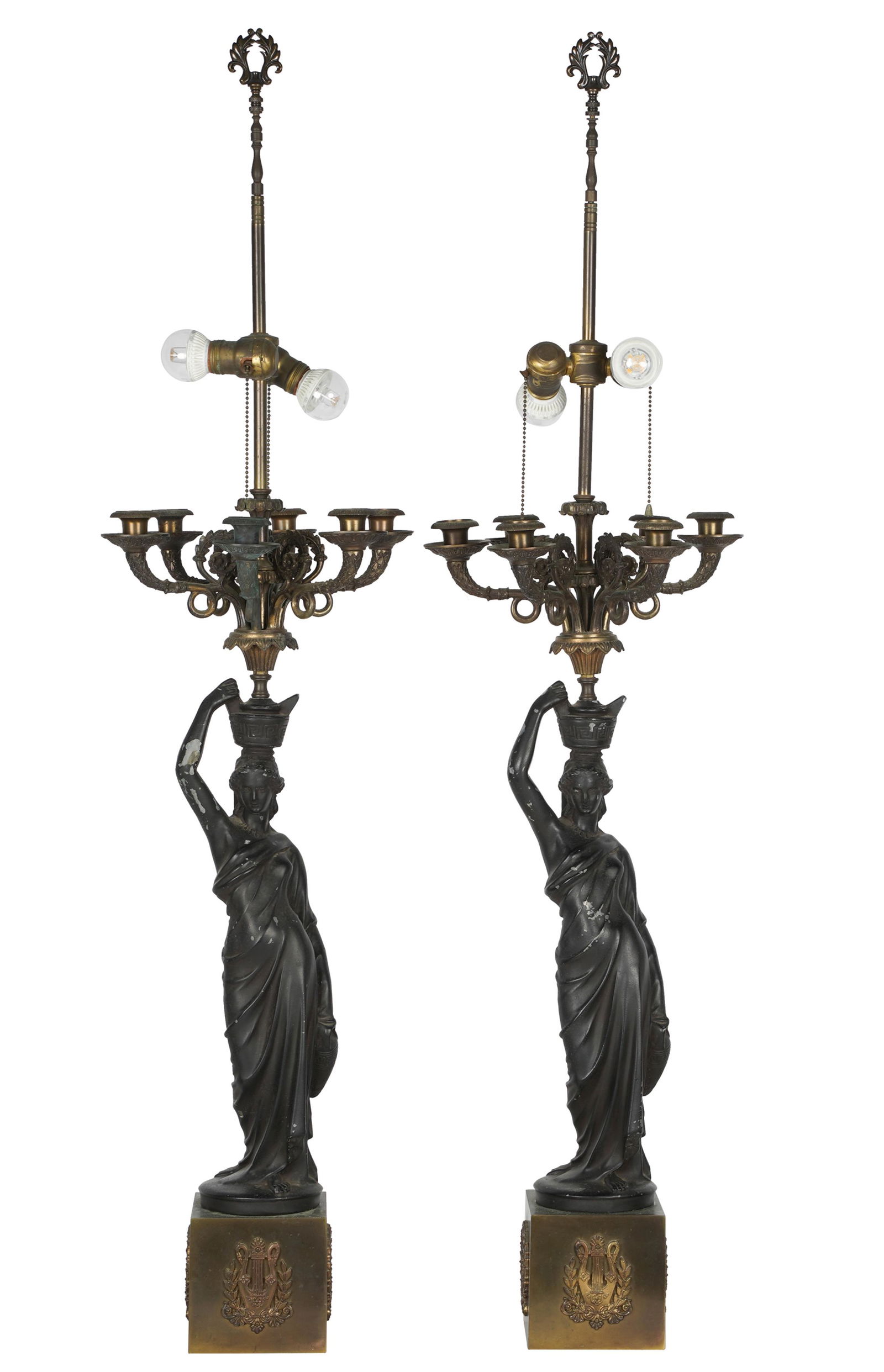 PAIR EMPIRE-STYLE PATINATED METAL FIGURAL CANDELABRA (1 of 14)