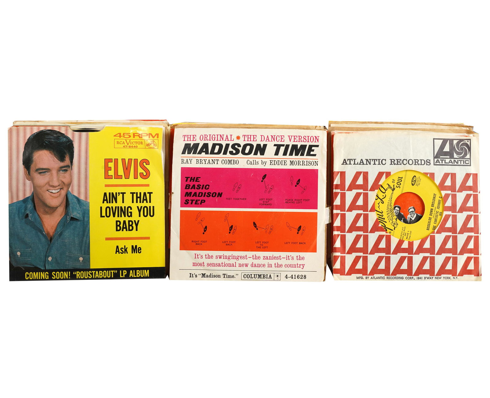 CAROL CHANNING GROUP OF 45 RPM RECORDS: From a wide variety of labels including Atlantic, Decca, Dot, Epic, Motown, Verve, and others representing a wide variety of artists including The BeeGees, James Brown, Sam Cooke, Janis Ian, Elvis, Th
