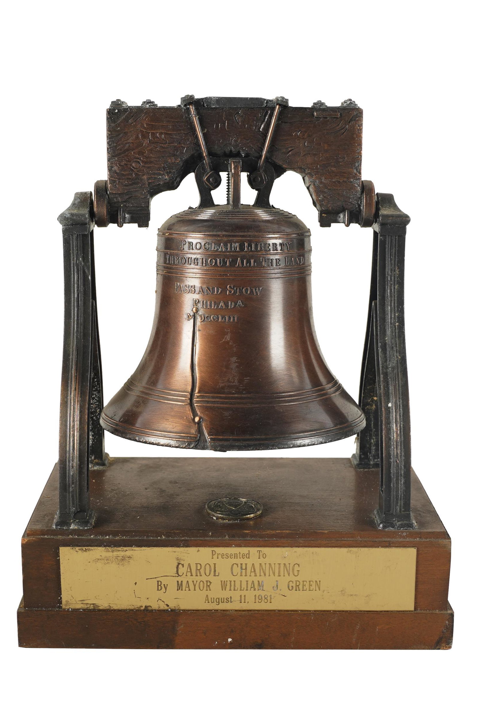 CAROL CHANNING 1981 CITY OF PHILADELPHIA AWARD: with engraved plaque: 'Presented to Carol Channing By Mayor William J. Green August 11, 1981'; 7 3/4 inches high