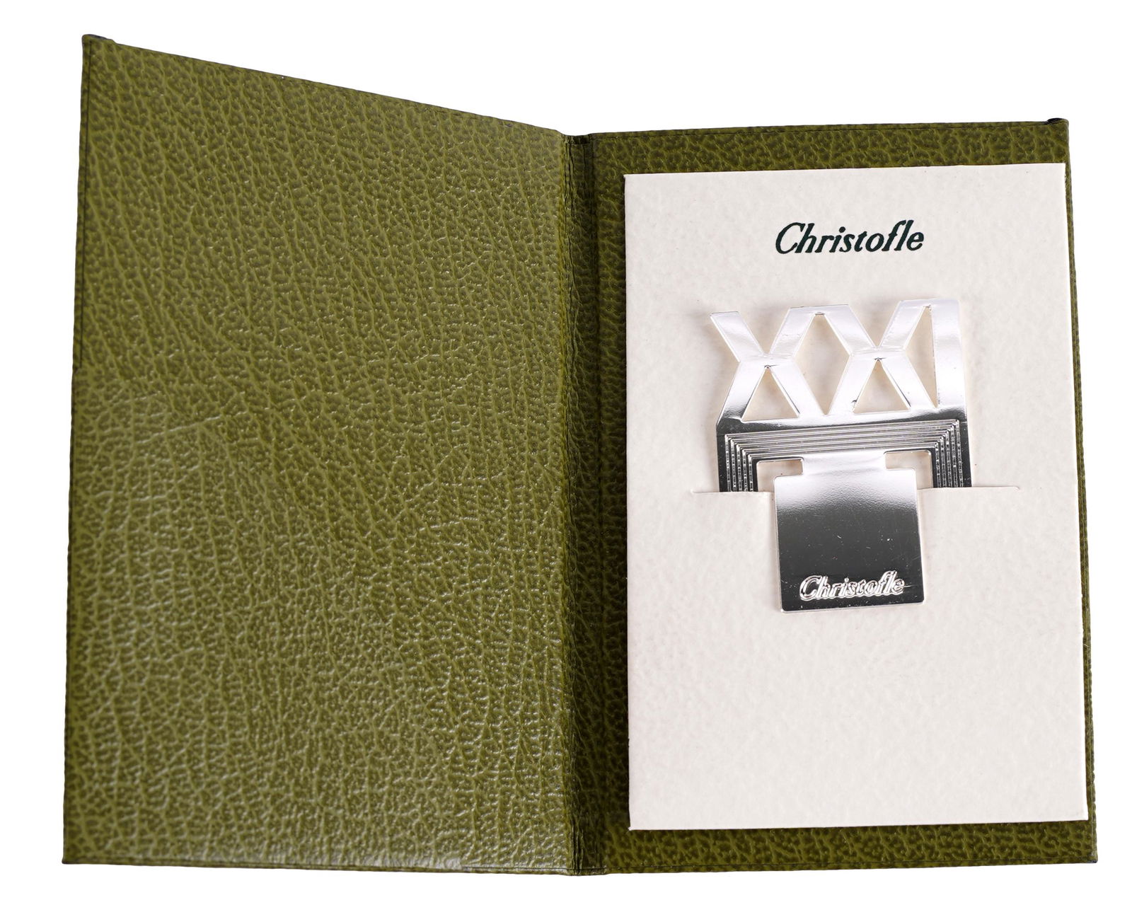 CAROL CHANNING CHRISTOFLE SILVER-PLATE XXI BOOKMARK: Possibly denoting 21st century. In original Christofle green folder. The bookmark, 1 5/8 by 1 1/8 inches.