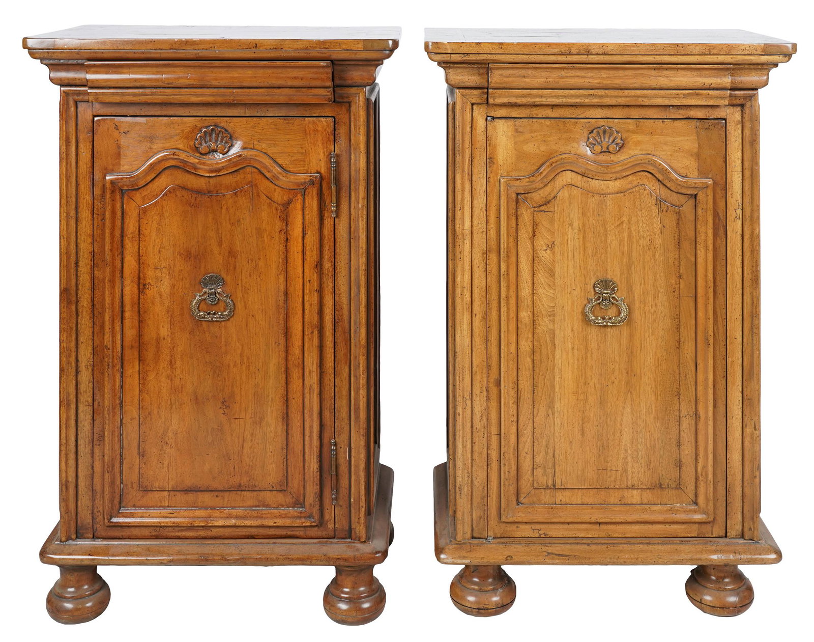 PAIR OF BAROQUE STYLE CABINETS: 20th century; each top with inlaid border, over a molded frieze fitted with a drawer above a hinged door enclosing a shelf; 26 inches wide; 16 inches deep; 42 inches high