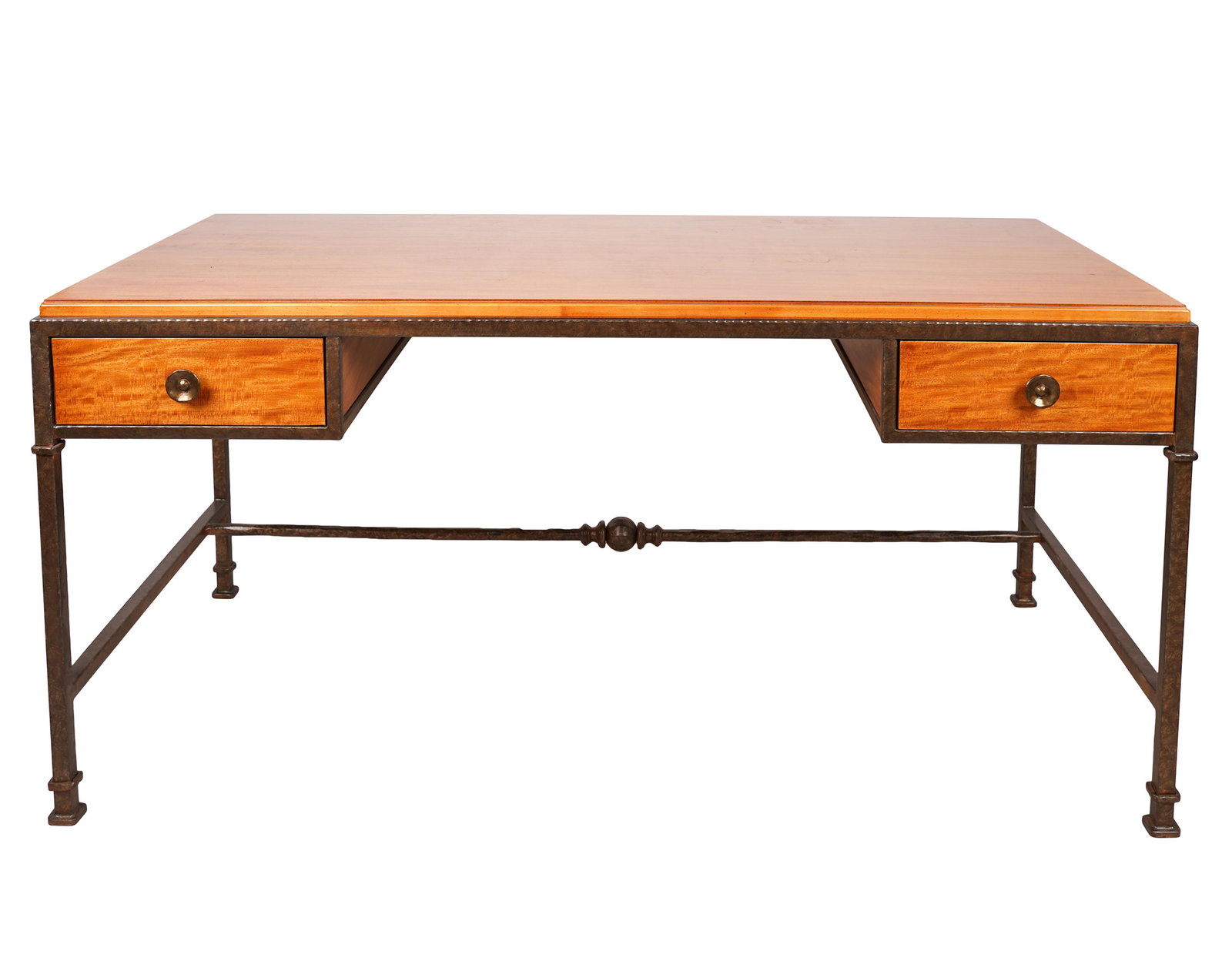 HENREDON WOOD & IRON WRITING DESK: branded "Henredon" to drawer interior and with Henredon paper tag; 62 inches wide; 30 inches deep; 30 inches high