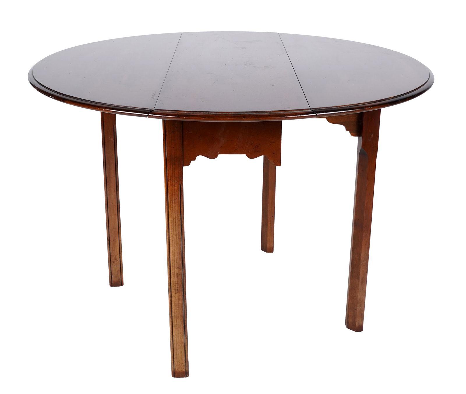 MAHOGANY DROP LEAF TABLE: with carved brackets; 42 1/2 inches wide; 13 inches deep closed (43 inches fully extended); 29 1/2 inches high