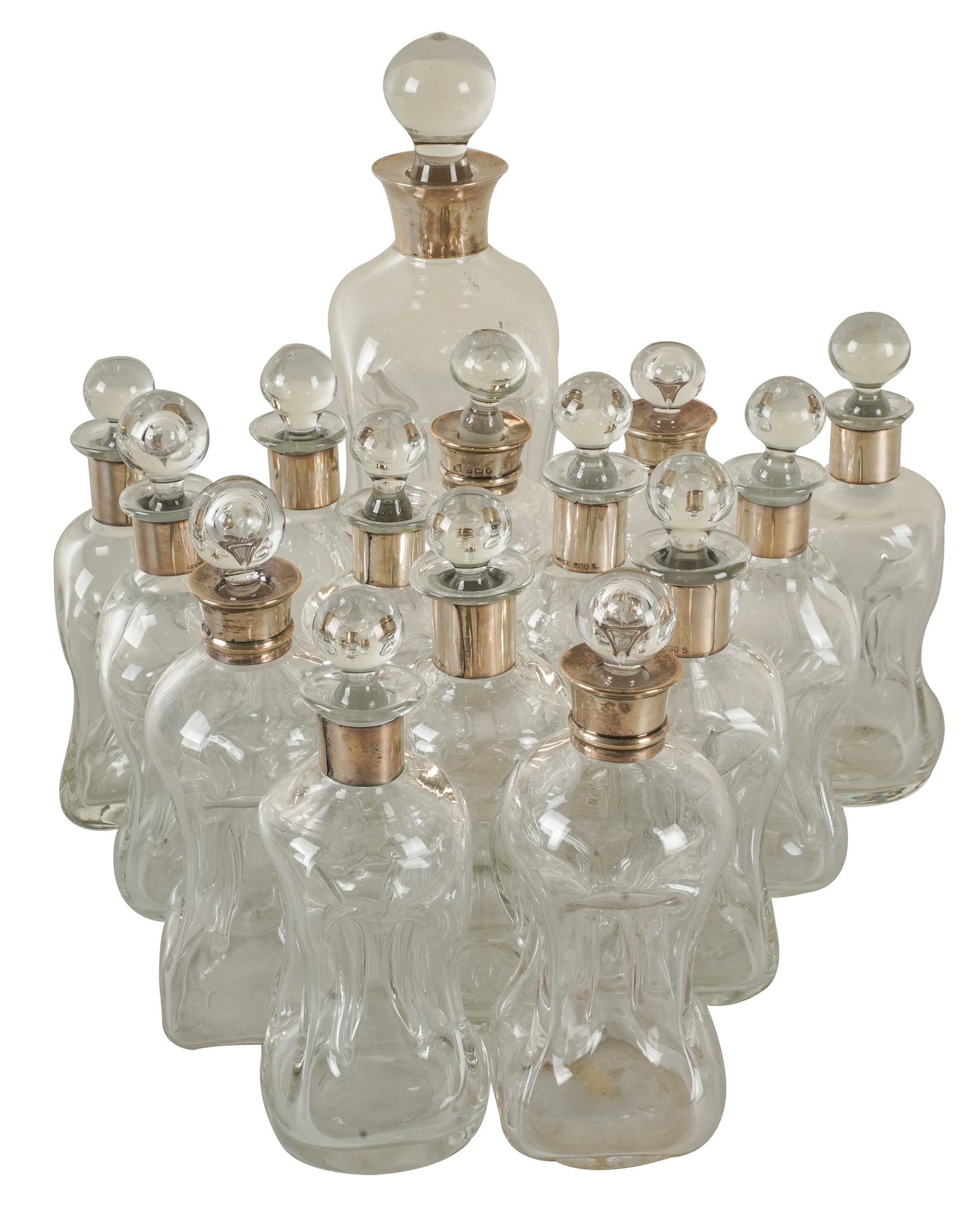COLECTION OF FIFTEEN GLASS & SILVER BOTTLES (1 of 6)