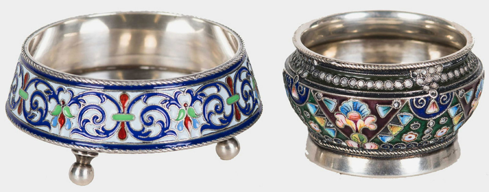 TWO RUSSIAN CLOISONNE & SILVER SALT CELLARS (1 of 9)