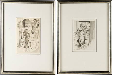 JEAN EMILE LABOUREUR (1877 - 1943): TWO WORKS: each lithograph on paper; the first: depicting a woman at a newsstand, pencil-signed lower left, signed in plate lower right, no visible edition number (12 x 7 3/4 inches sight); the second: depicting