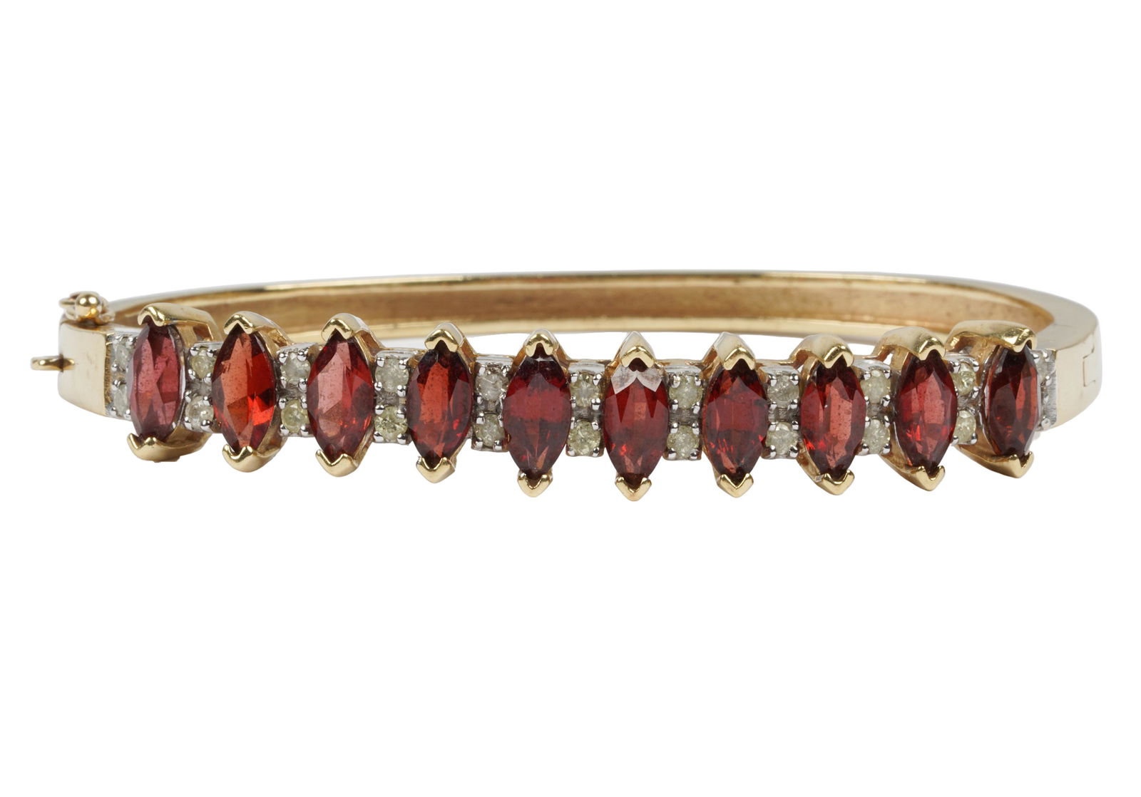 14 KARAT YELLOW GOLD, GARNET, & DIAMOND BANGLE BRACELET (1 of 8)
