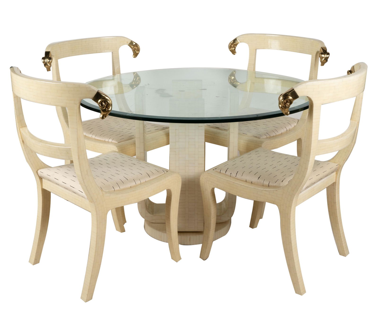 CONTEMPORARY BONE-VENEERED DINING SET: made in Colombia, comprising a round glass-topped table (47 1/2 inches diameter; 29 1/2 inches high), and four chairs with off-white and black fabric-covered seats (27 1/2 inches wide; 23 inches deep;