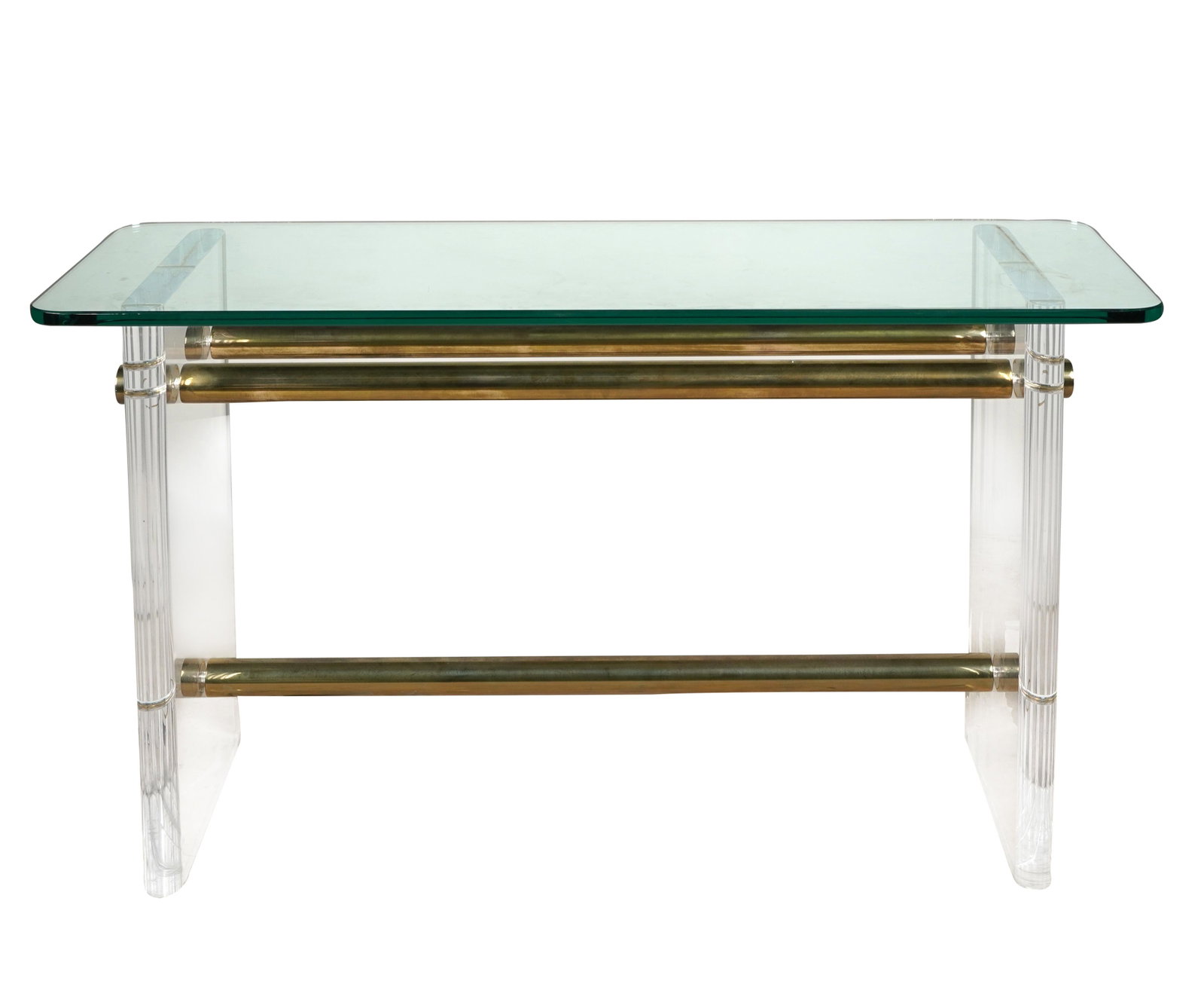 GLASS & ACRYLIC SOFA TABLE: with three brass-finish stretchers; Condition: oxidation to brass finish; scratches to glass; 54 inches wide; 18 inches deep; 30 inches high