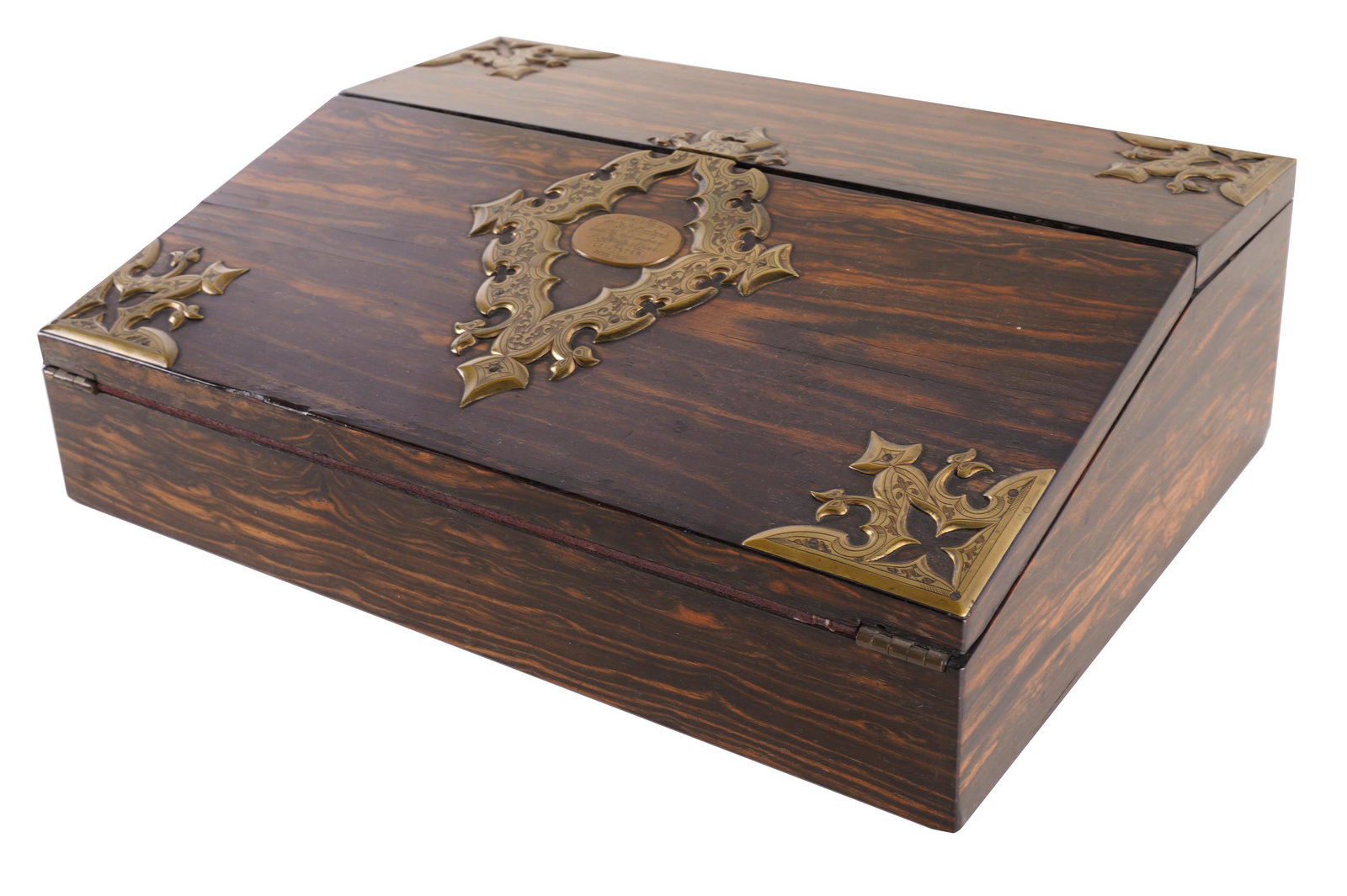 VICTORIAN BRASS-MOUNTED PALISANDER LAP DESK: dated 1875 to engraved presentation plaque on lid; the hinged lid enclosing a fitted interior retaining removable pen tray; Provenance: The Terry and Debbi Lanni Collection, Pasadena CA; Condition: wi