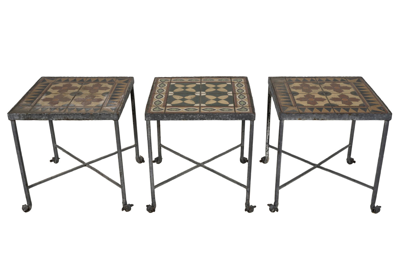 SET OF THREE CALIFORNIA TILE-INSET IRON END TABLES (1 of 10)
