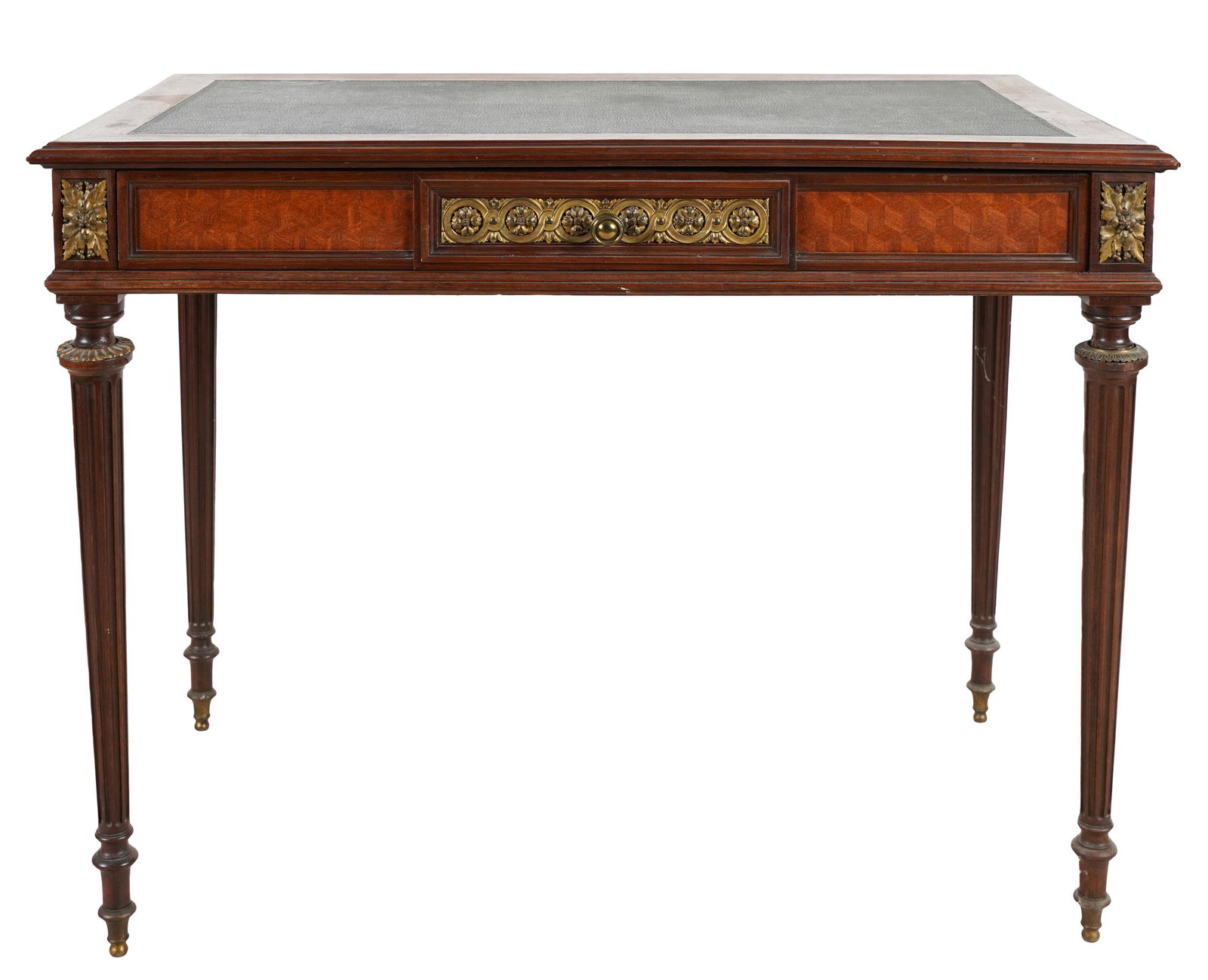 LOUIS XVI-STYLE MAHOGANY WRITING TABLE: with gilt metal mounts, the green leather-inset top over a parquetry frieze fitted with a full-width drawer; Condition: fading and wear to finish; 40 inches wide; 22 1/2 inches deep; 30 inches high