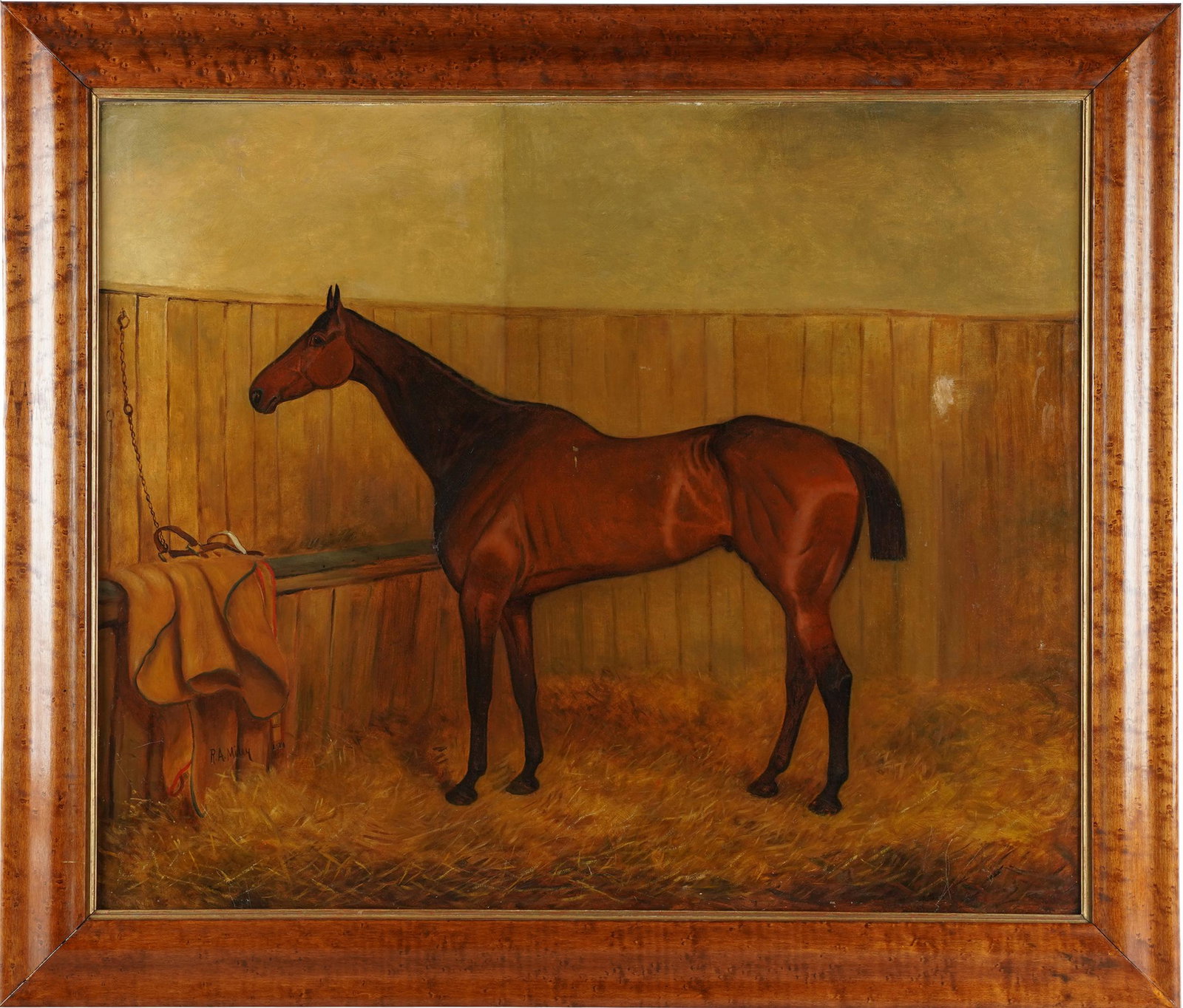 R.A. MILEY (FL. C.1887): THOROUGHBRED IN STALL: oil on canvas (relined); signed lower left; 25 x 30 inches; 31 x 35 inches frame; The Estate of Barry Tarlow, Los Angeles;