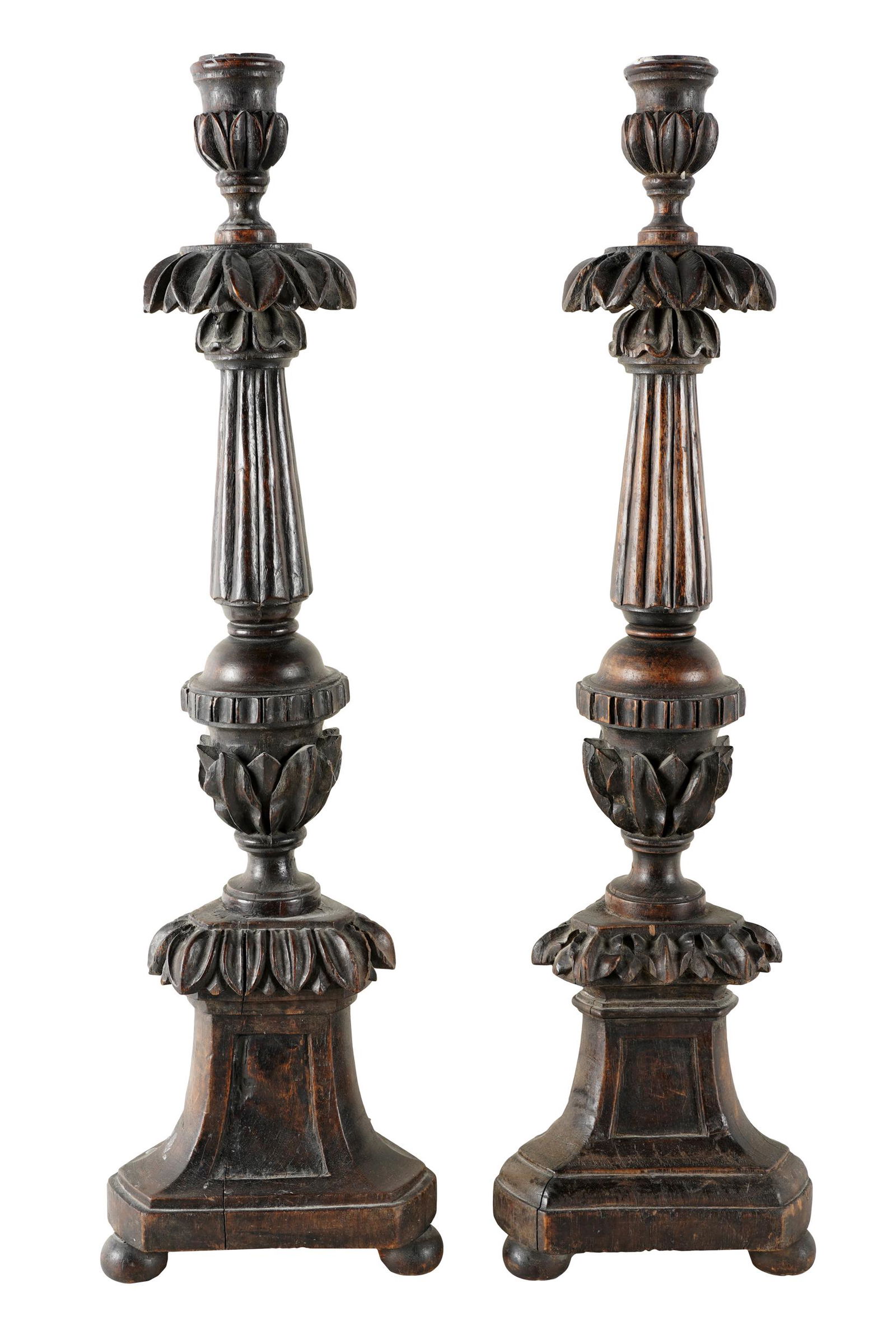 PAIR BAROQUE STYLE CARVED WALNUT CANDLESTICKS (1 of 11)