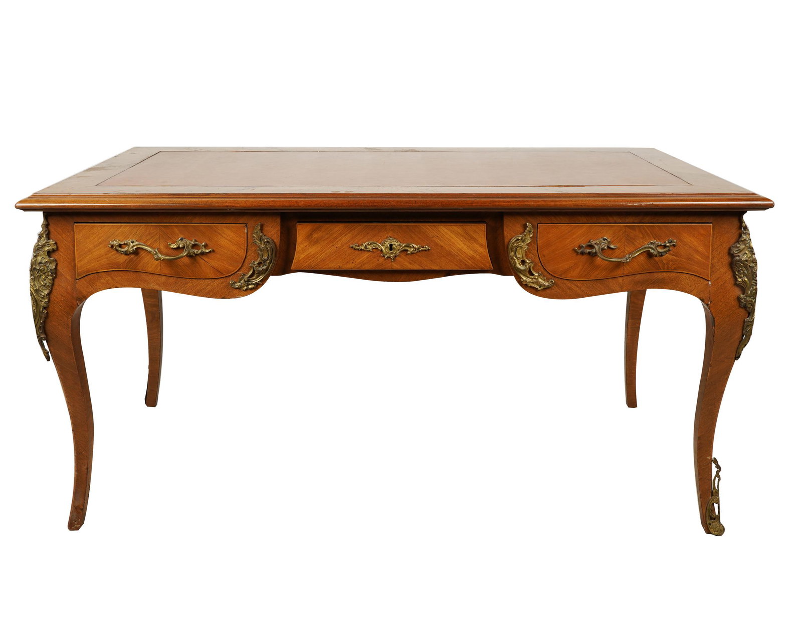 LOUIS XV-STYLE BUREAU PLAT: mahogany with oak secondary wood; the brown leather-inset top over three drawers opposing three false drawers; Condition: loose escutcheons; scratches and marks to veneer; a few water marks to top; th