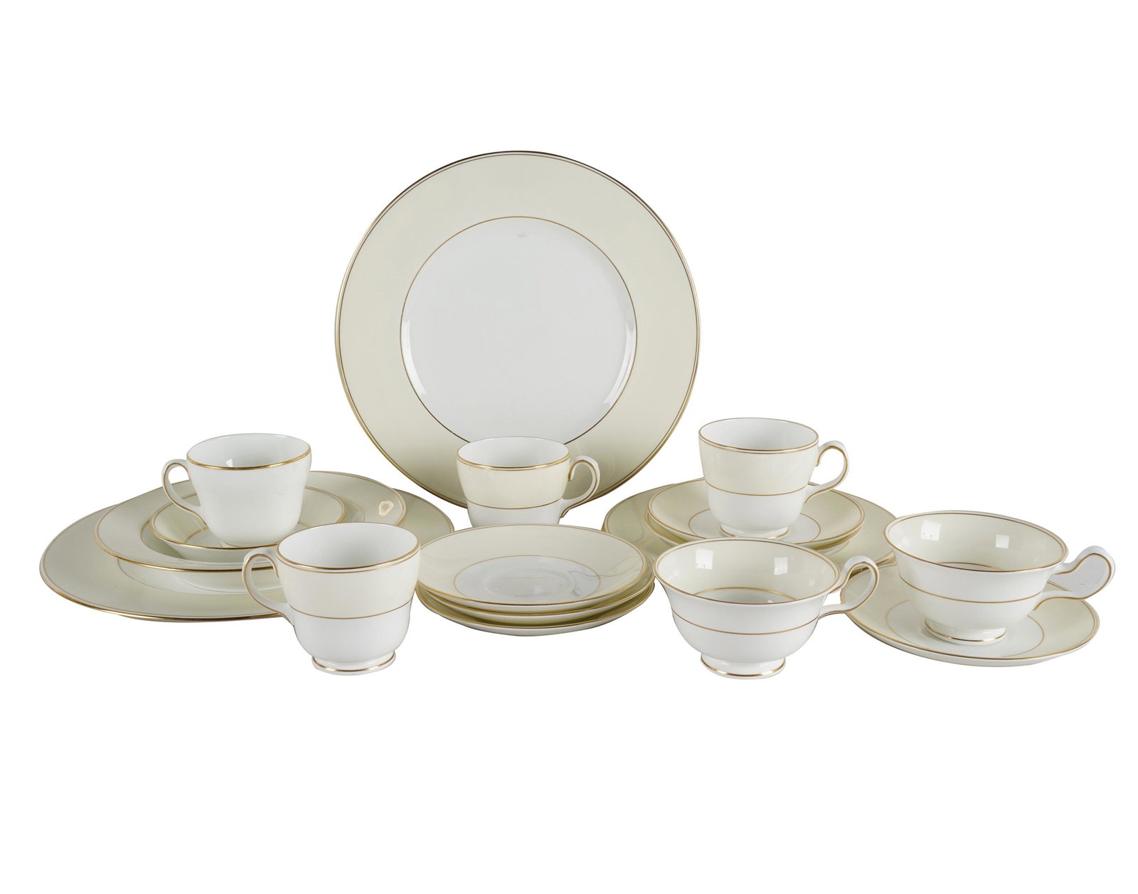 WEDGWOOD BONE CHINA SERVICE: 1957 - 1969, 'Essex' pattern; an assembled service with various Wedgwood factory marks, some pieces made for the Canadian government, comprising: 51 dinner plates (10 3/4" dia.); 12 luncheon plates (9