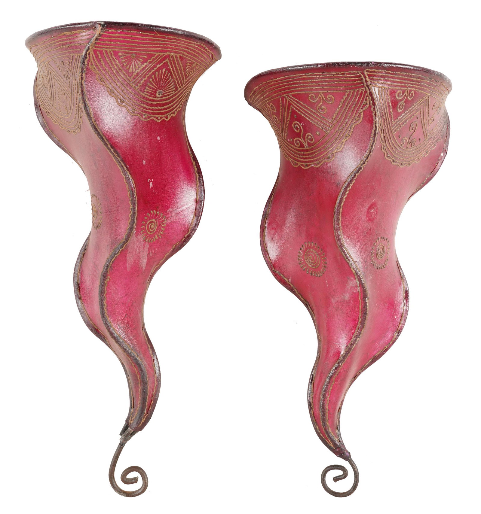 PAIR OF METAL & PAINTED HIDE SHADES: Condition: stains; losses to paint, scuffs; 18 1/2 x 9 inches