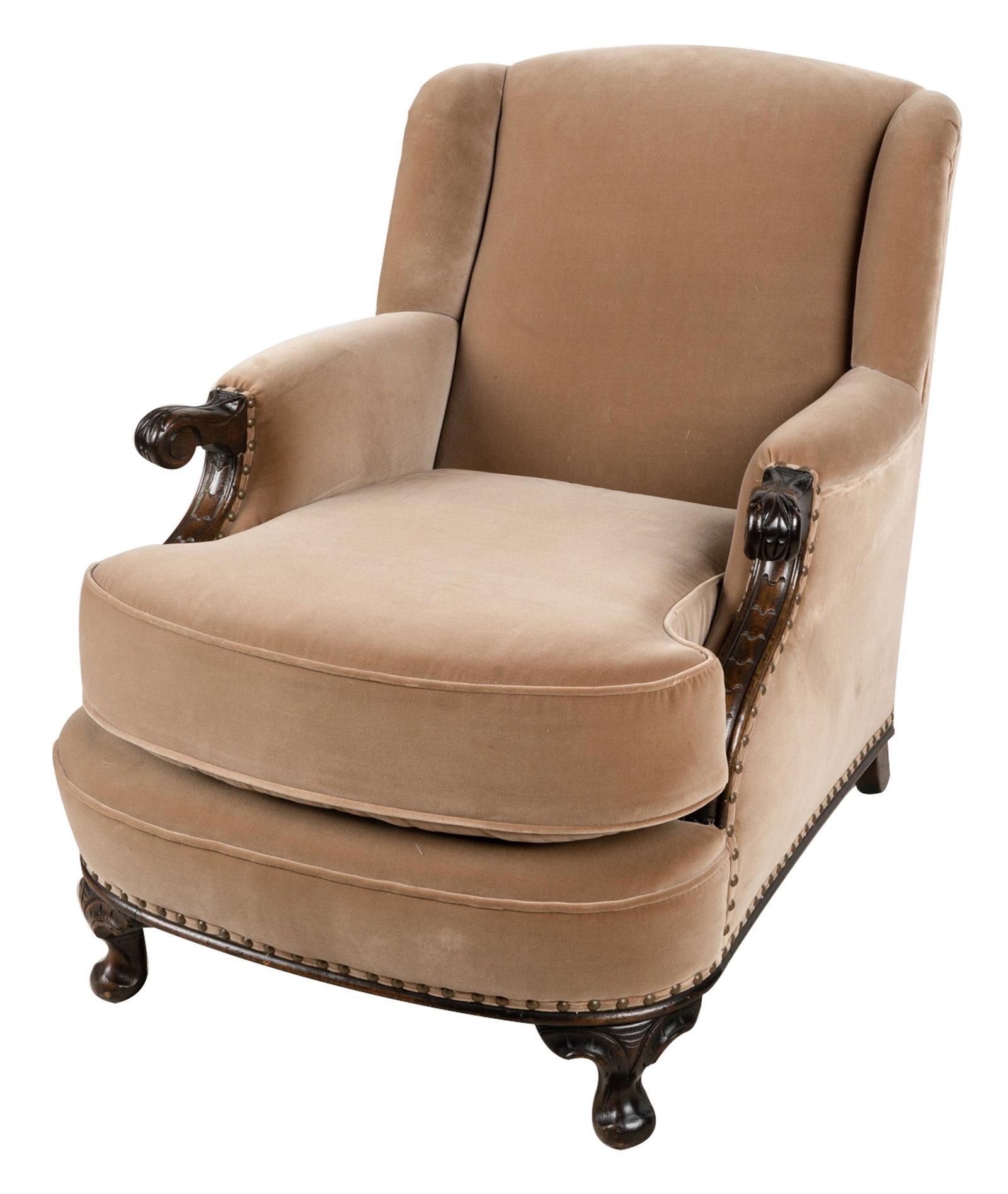 CARVED WOOD & UPHOLSTERED ARMCHAIR: unsigned; covered with light brown velvet; 28 inches wide; 34 inches deep; 33 1/2 inches high; seat height: 17 1/2 inches