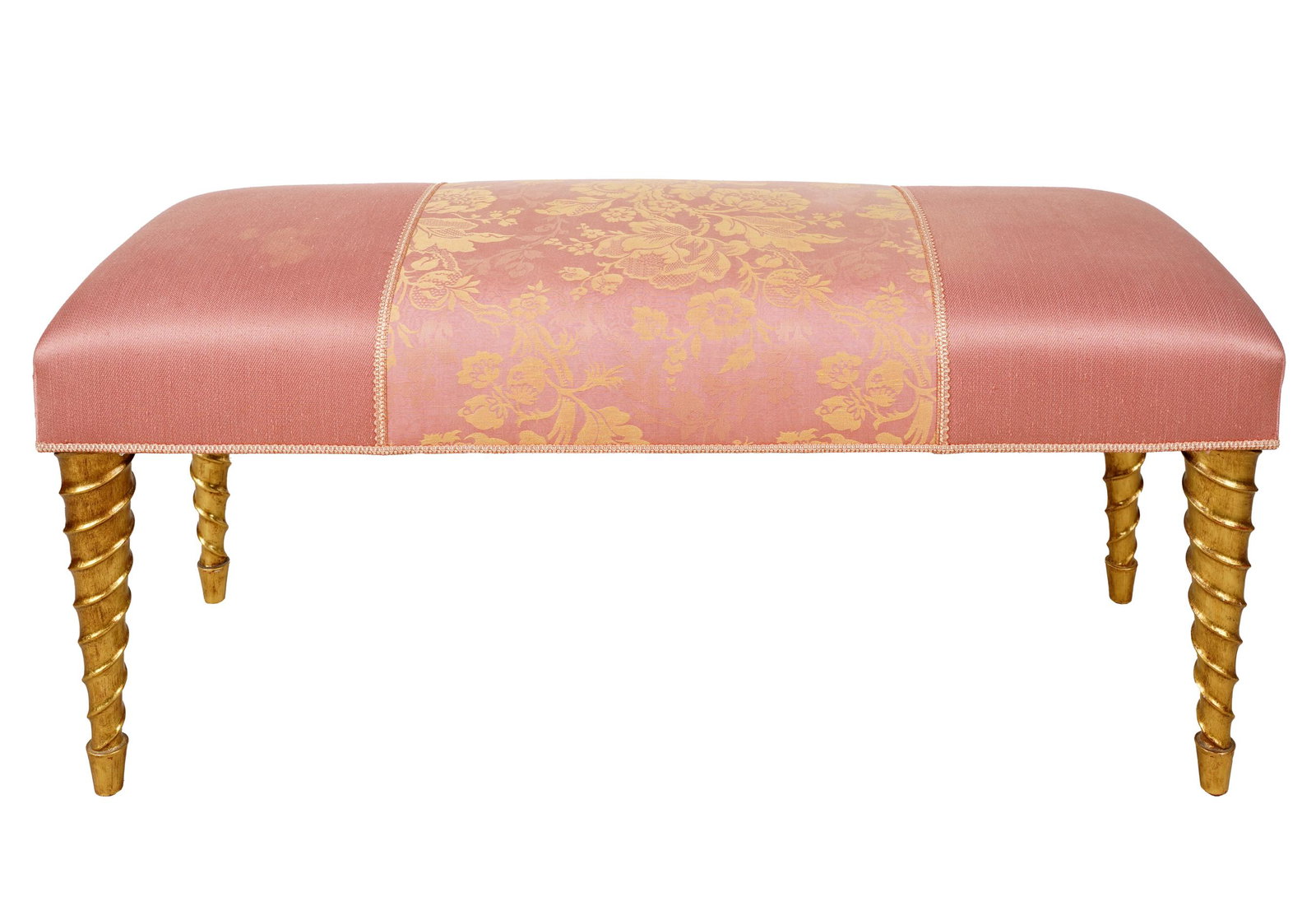 UPHOLSTERED GILTWOOD BENCH: contemporary; unsigned; Condition: good with minor wear to legs; fabric clean and usable; 49 inches wide; 18 1/2 inches deep; 20 inches high