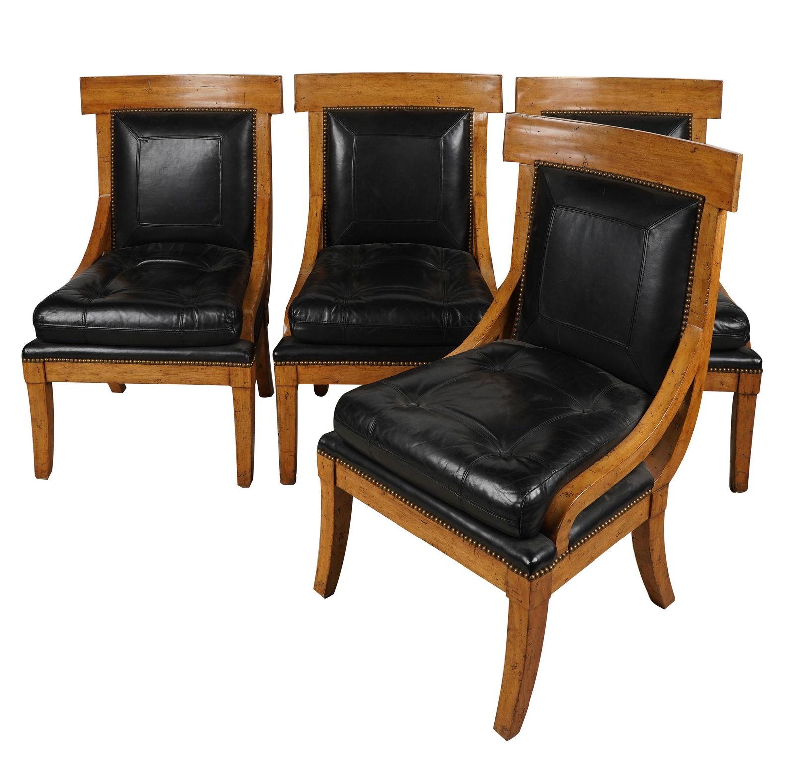 FOUR STAINED WOOD & BLACK LEATHER CHAIRS (1 of 11)