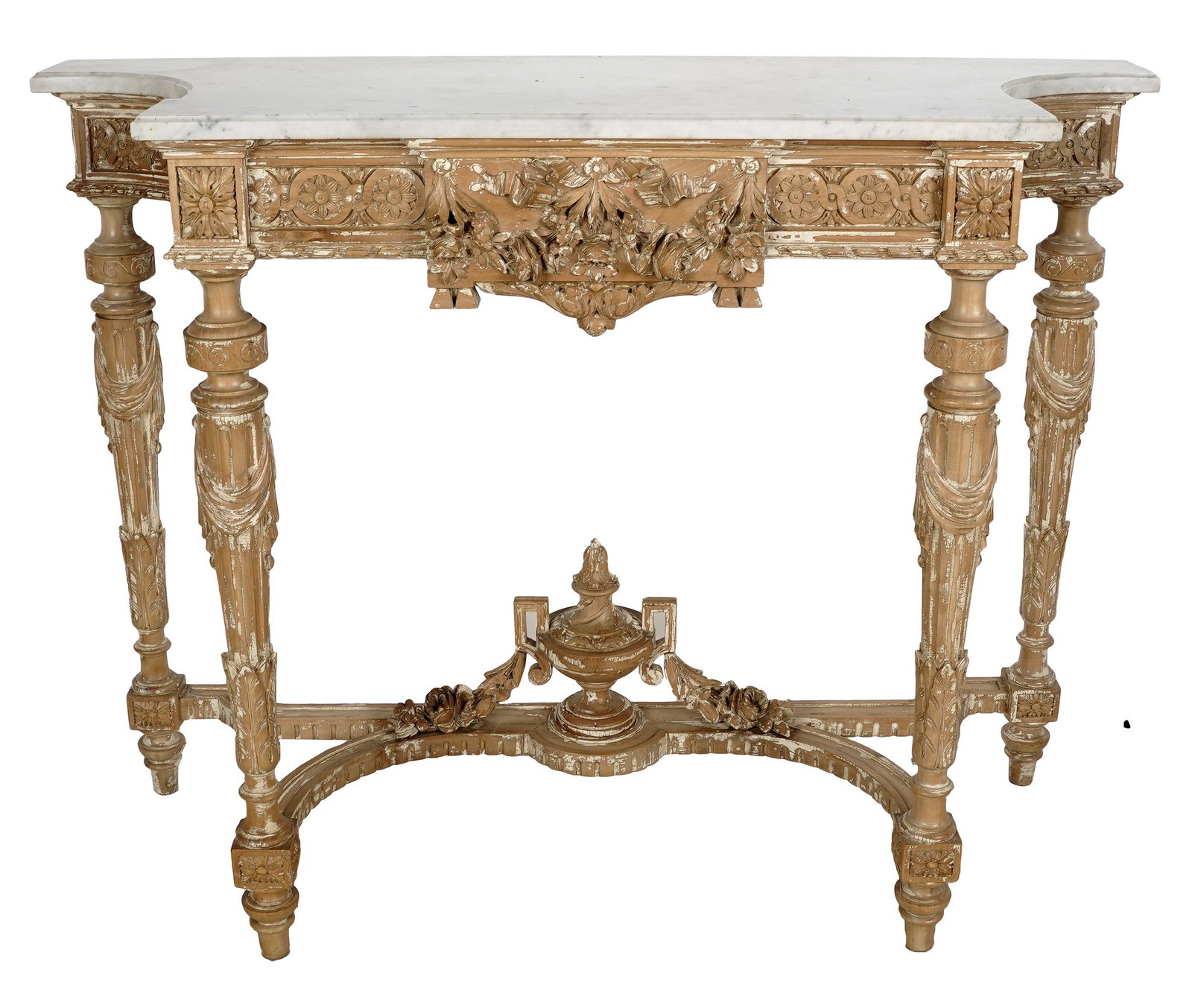 LOUIS XVI STYLE BEECHWOOD MARBLE TOP CONSOLE: the marble top of a later date; 48 inches wide; 17 1/2 inches deep; 37 inches high