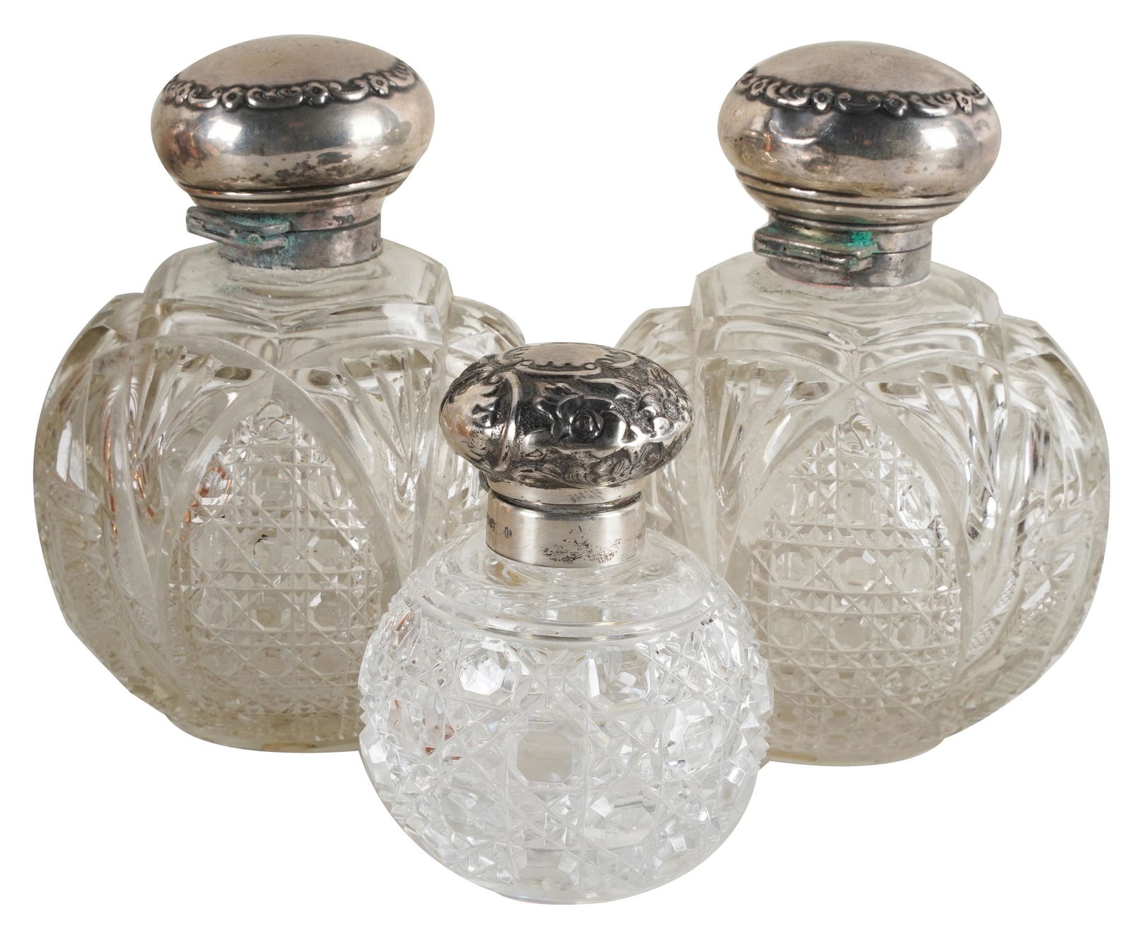 THREE ENGLISH STERLING-MOUNTED CUT-GLASS PERFUME JARS (1 of 7)