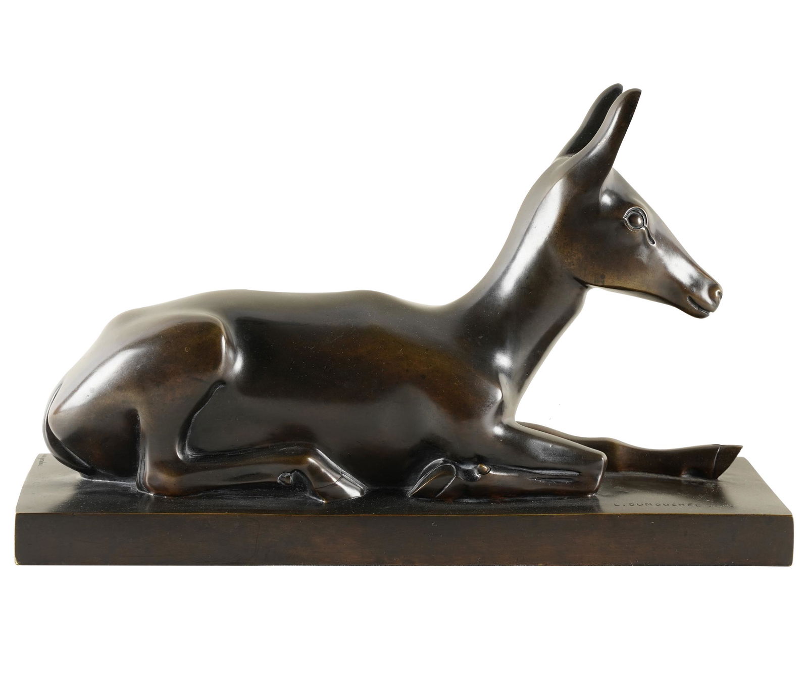 LOUIS DUMOUCHEL (1891 - 1978): DOE: bronze; signed in casting, Susse Freres foundry mark; Provenance: The Estate of Barry Tarlow; 18 1/4 inches wide