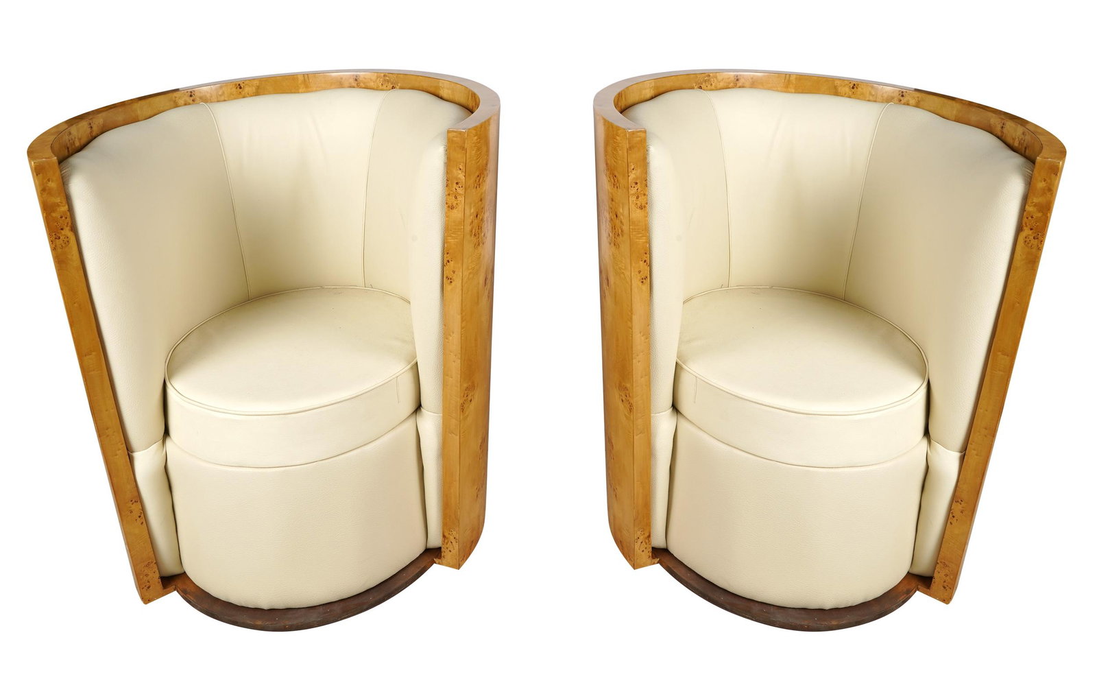 PAIR OF DECO-STYLE BIRCH BARRELL CHAIRS: contemporary; covered with cream-colored leather; Condition: with slight nicks to frame of each; 34 inches wide; 28 inches deep; 35 1/2 inches high; seat height: 17 inches