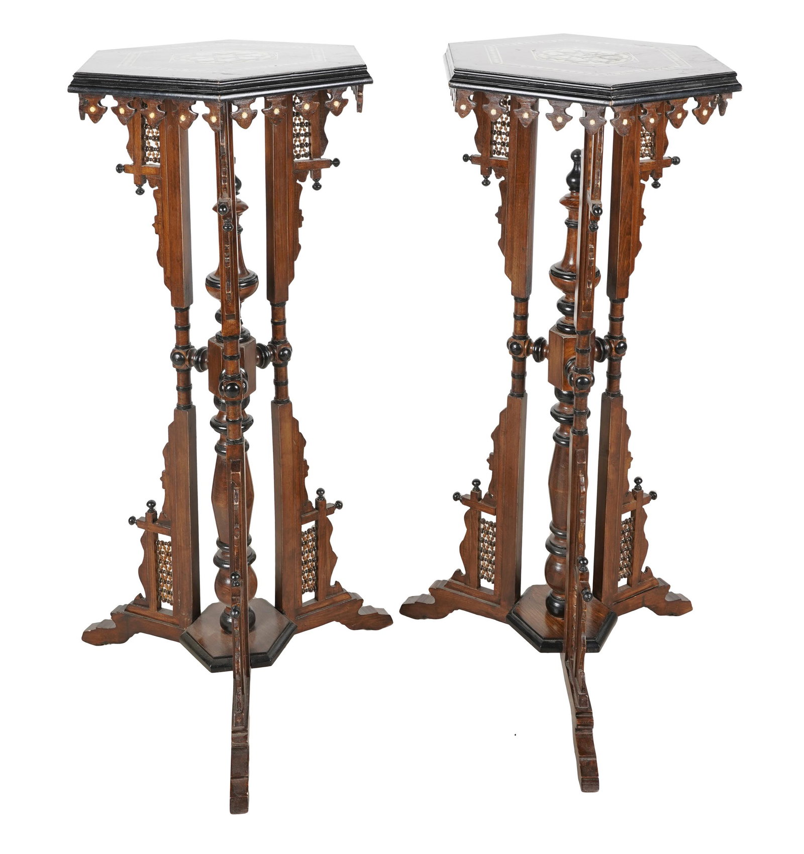 PAIR OF MOORISH-STYLE FERN STANDS: contemporary; with hexagonal inlaid tops; Condition: repairs to apron decoration; slight loss to apron; 19 inches diameter; 41 1/2 inches high