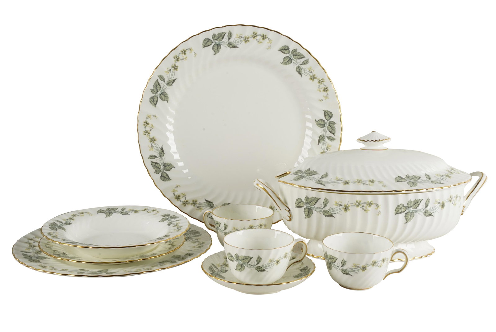 MINTON BONE CHINA SERVICE: green printed factory mark; "Greenwich" pattern; comprising 12 dinner plates (10 1/2" dia.); 12 salad plates (8" dia.); 12 soup plates (8" dia.), 12 cups; 12 saucers; 1 round platter (12 1/2" dia.) an