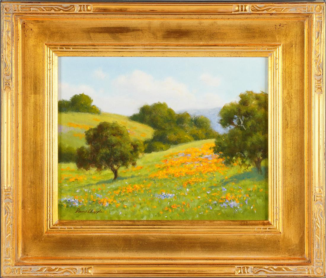 DAVID CHAPPLE (B. 1947): "FLOWERING HILLSIDE": oil on board; signed lower left; titled verso; 11 x 14 inches; 18 x 21 inches frame