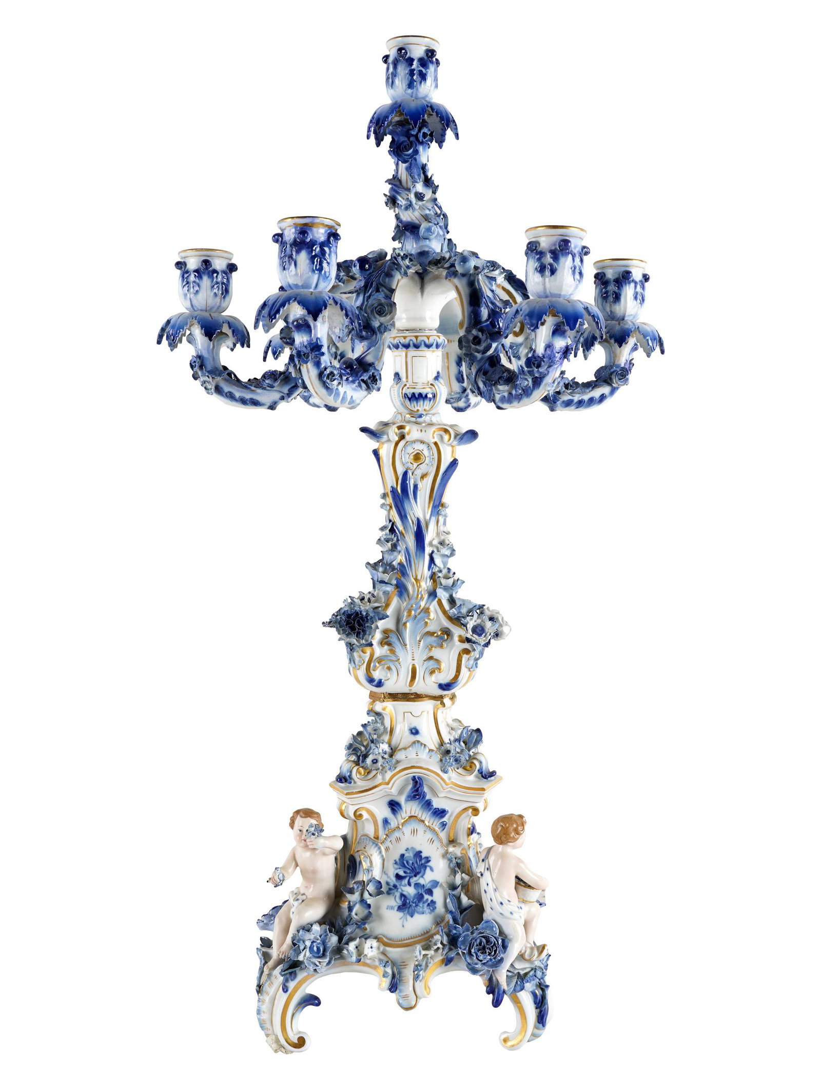 MEISSEN BLUE & WHITE PORCELAIN CANDELABRUM: blue crossed swords mark; with a central light surrounded by six candle arms; convertible to a candlestick; 13 inches diameter; 26 1/4 inches high