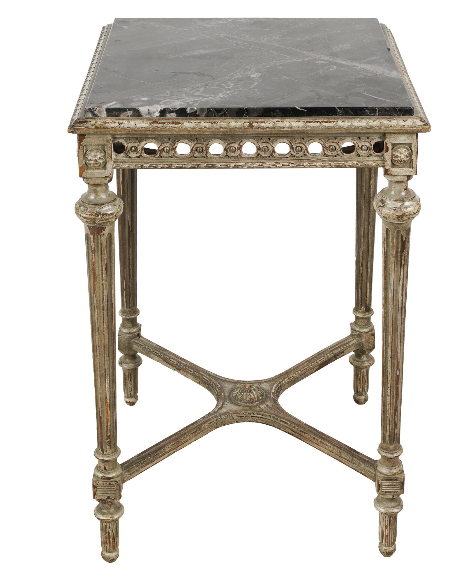 LOUIS XVI STYLE MARBLE-TOP GREY-PAINTED GUERIDON: 20th century; Condition: with large chips to two sides of marble; chip and repair with visible crack to one corner; 20 inches square; 30 inches high